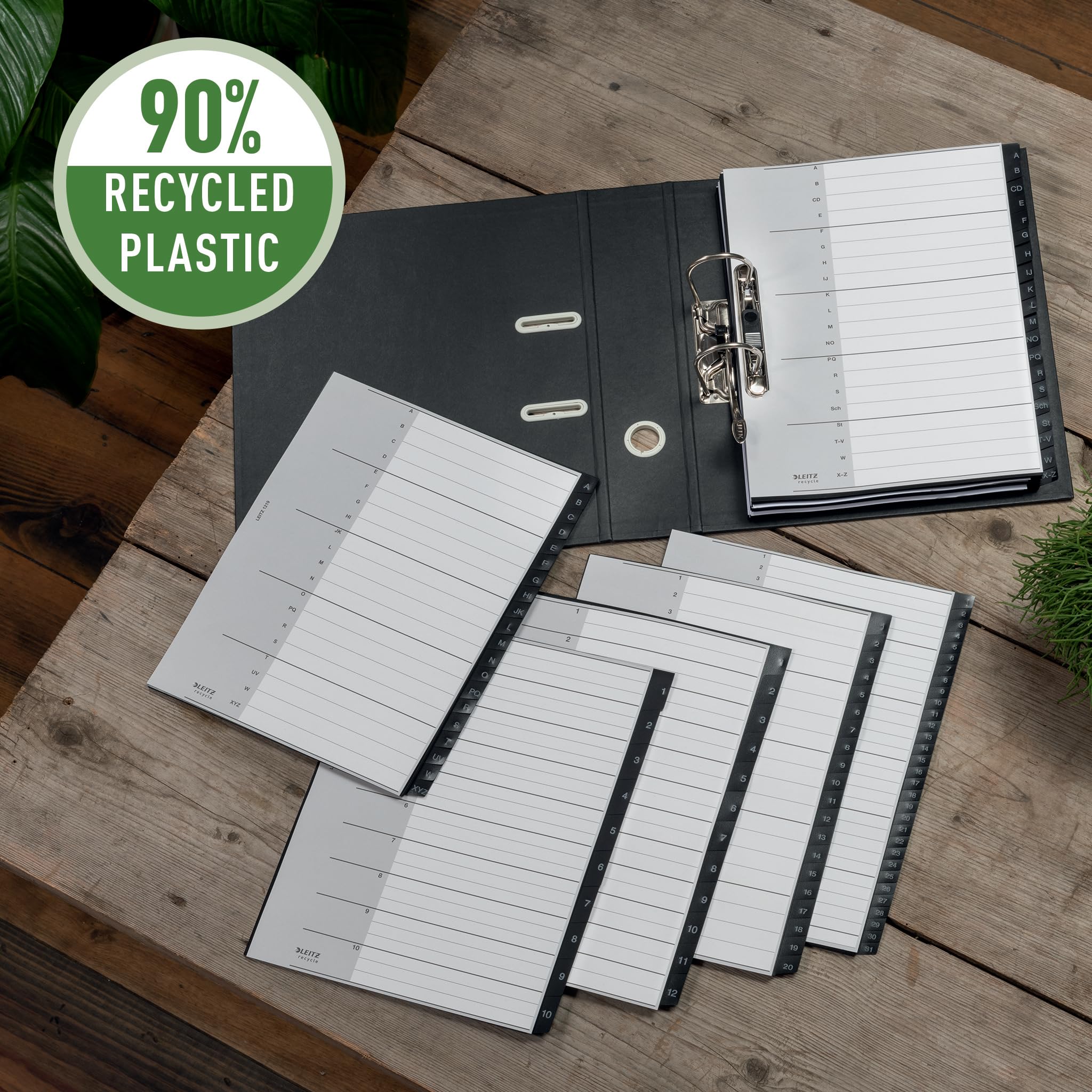 Leitz Recycle Indice, 20 Schede A-Z, A4 Extra Largo, Plastica Riciclata 90%, Nero