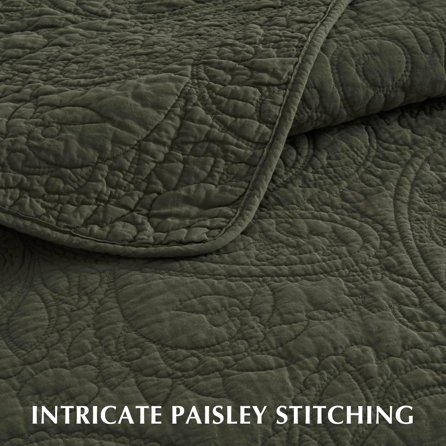 EVERGRACE 100% Cotton Paisley Quilt Set, Queen Size 3 Piece Set – Prewashed Lightweight Bedspread with 2 Shams, Soft & Breathable Coverlet for All-Season Comfort, Olive Green - Image 3