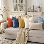 decorUhome Fall Beige Chenille Throw Pillow Covers 12x20 Set of 2 | Farmhouse Boho Velvet Decorative Pillow Covers, Lumbar Cushion Covers Pillow Cases with Stitched Edge for Sofa Bed Home Decor