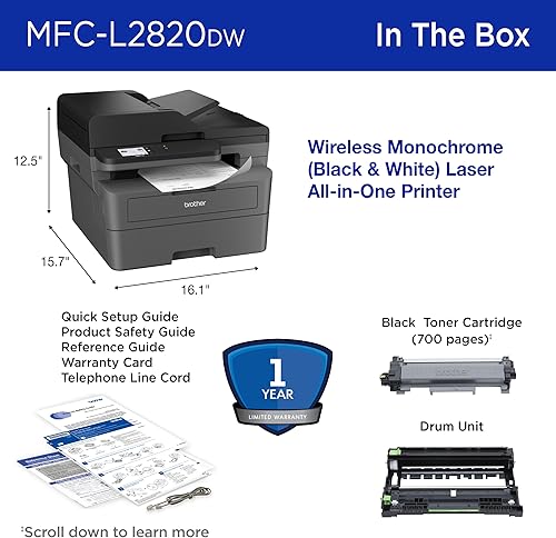 Miniatura 7 de Brother MFC-L2820DW Impresora láser inalámbrica compacta monocromática todo en uno con copia, escaneo y fax, dúplex, blanco y negro  Incluye prueba
