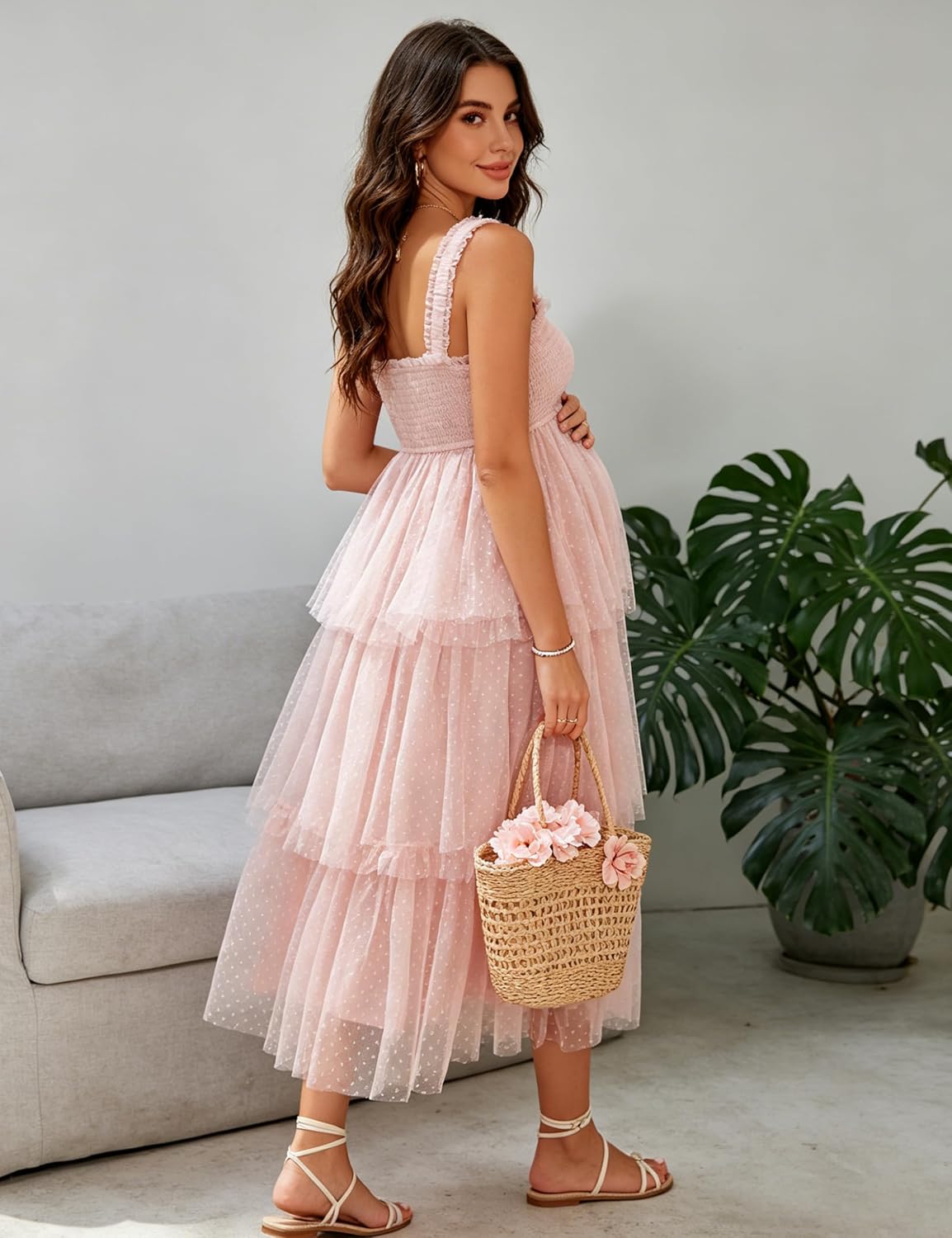 Polka Dot Tulle Maternity Midi Dress Tiered Smocked Strap Baby Shower Wedding Gown