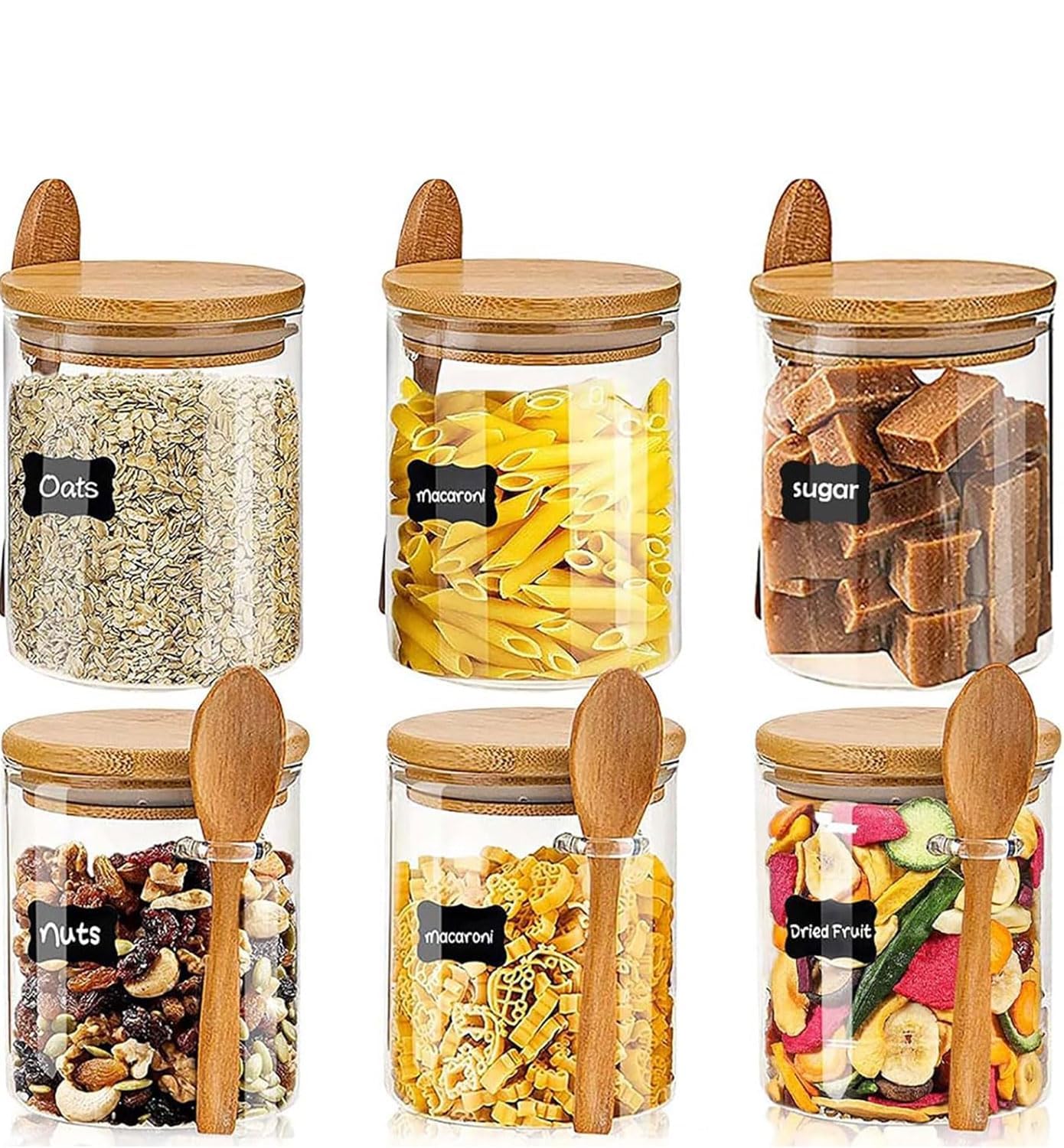JOUALY Paquete de 6 tarros de vidrio de almacenamiento de alimentos de 18 onzas, tarros de vidrio de borosilicato 100% sellados con tapa de bambú y cuchara de bambú para dulces, especias, granos de