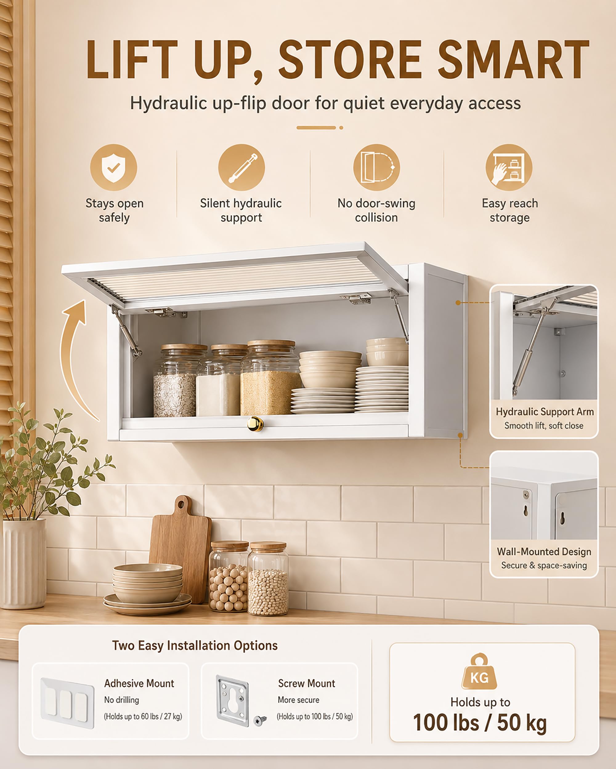 Inless - Armadietto da cucina a parete in acciaio – ribaltabile per dispensa, bagno e piccoli – mensola sospesa in metallo, 39,9 x 22,1 x 35,1 cm