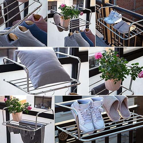 Miniatura 7 de Estantes de secado de ropa plegables para interiores y exteriores, de acero inoxidable, gancho para colgar ropa ajustable, estantes de secado de