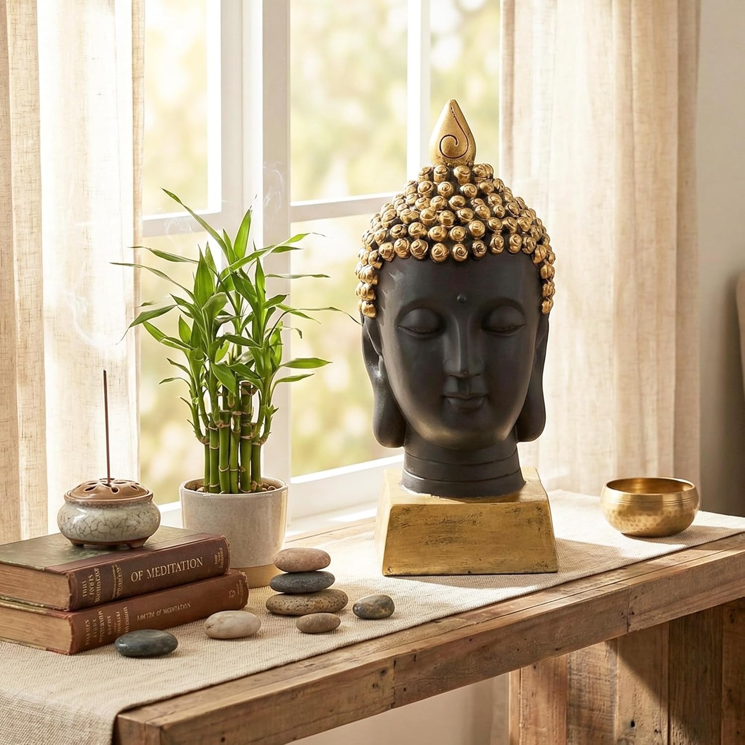 Seraphic Buddha Head Statue for Home Decor or Outdoor, Gold, 13" Tall
