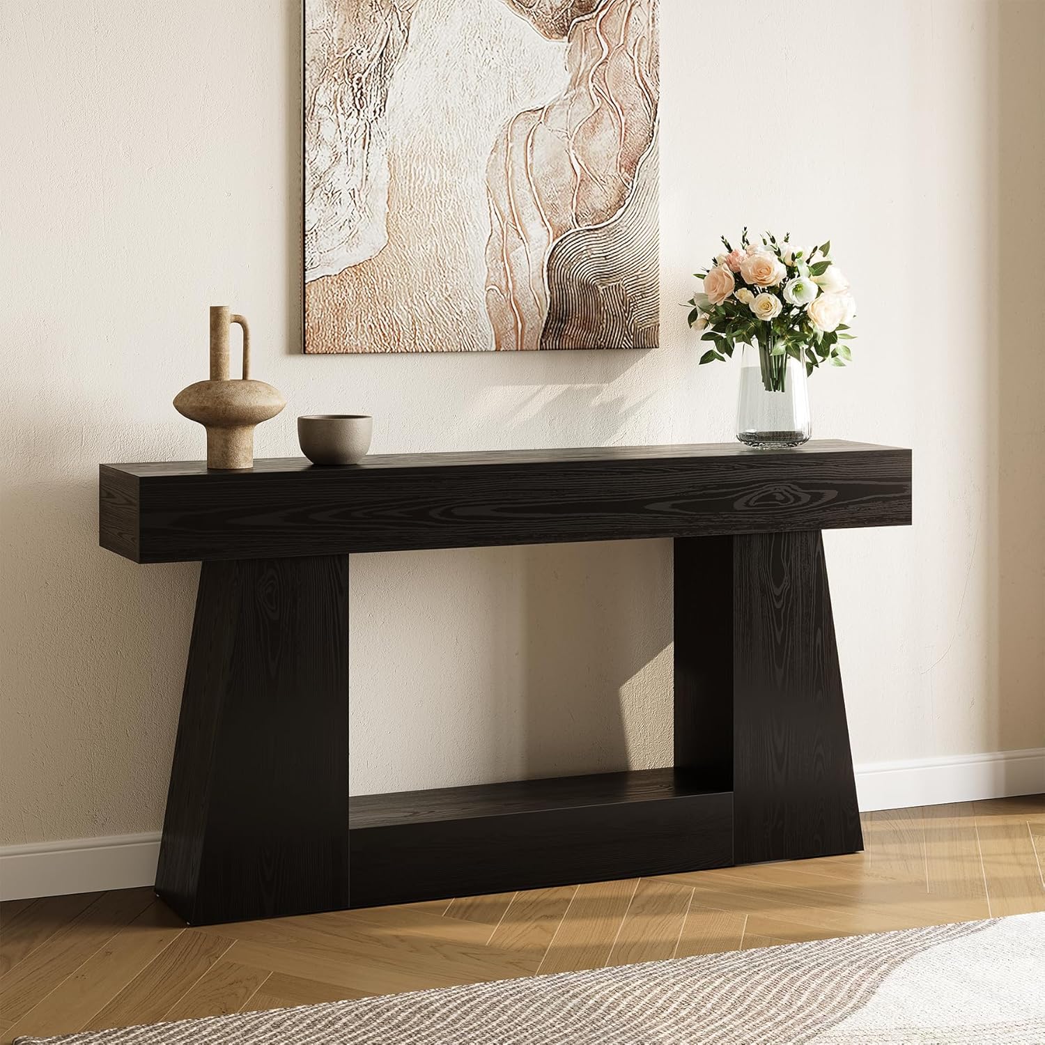 LITTLE TREE 63" Farmhouse Console Table with Storage, Rustic Sofa Table for Entryway, Narrow Long Sofa Table Behind Couch, Console Table for Living Room, Hallway—Versatile Storage Solution, Black