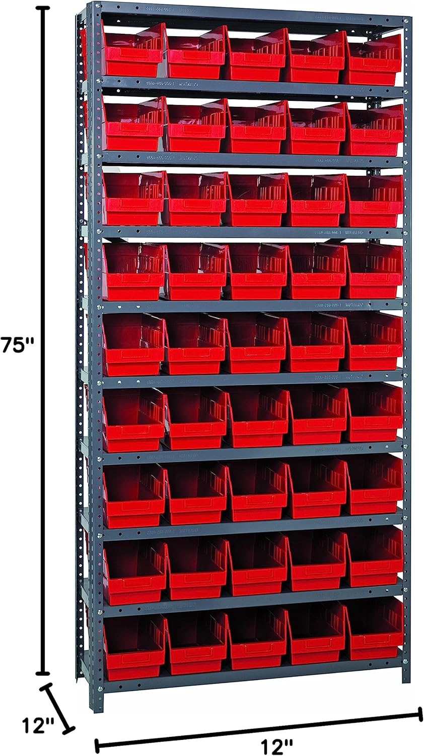 Quantum Storage Systems 1275-202RD Store More Steel Shelving Unit with 6" Shelf Bins, 12" D x 36" W x 75" H, Red