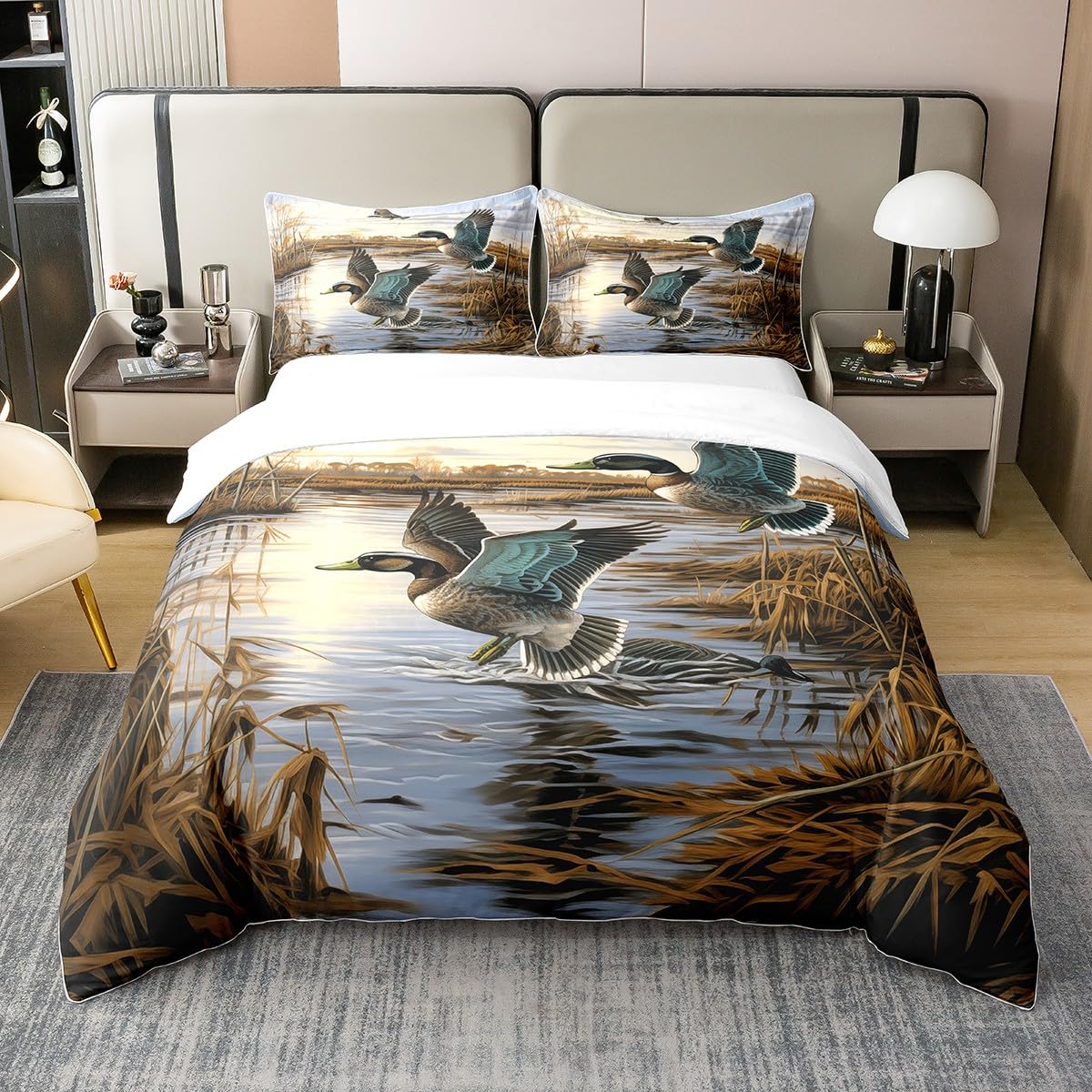 Housse de couette 220x240 canard colvert en coton biologique parure de lit chasse