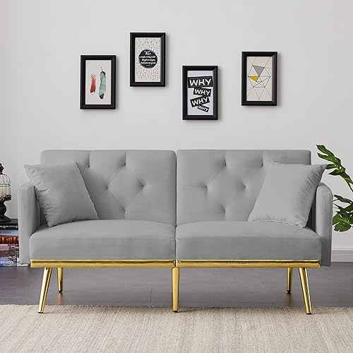 Miniatura 3 de Sofá cama futón convertible de terciopelo de 60 pulgadas, sofá cama con 2 almohadas y respaldo ajustable, sofá biplaza moderno con bolsillos