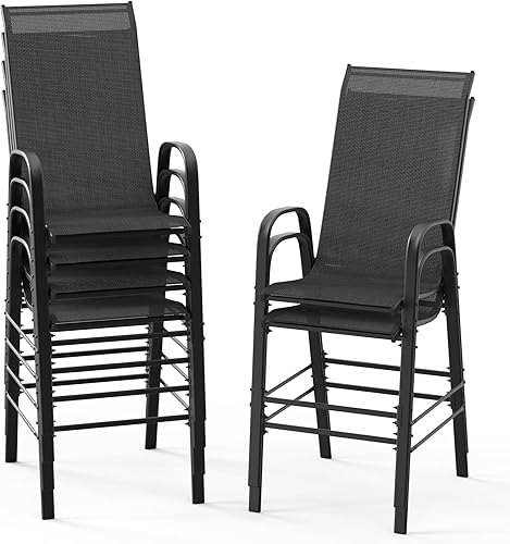 Vista 12 de VINGLI Juego de 4 taburetes de bar apilables para exteriores, sillas tipo honda con respaldo alto y reposabrazos, para césped, jardín, bar, gris