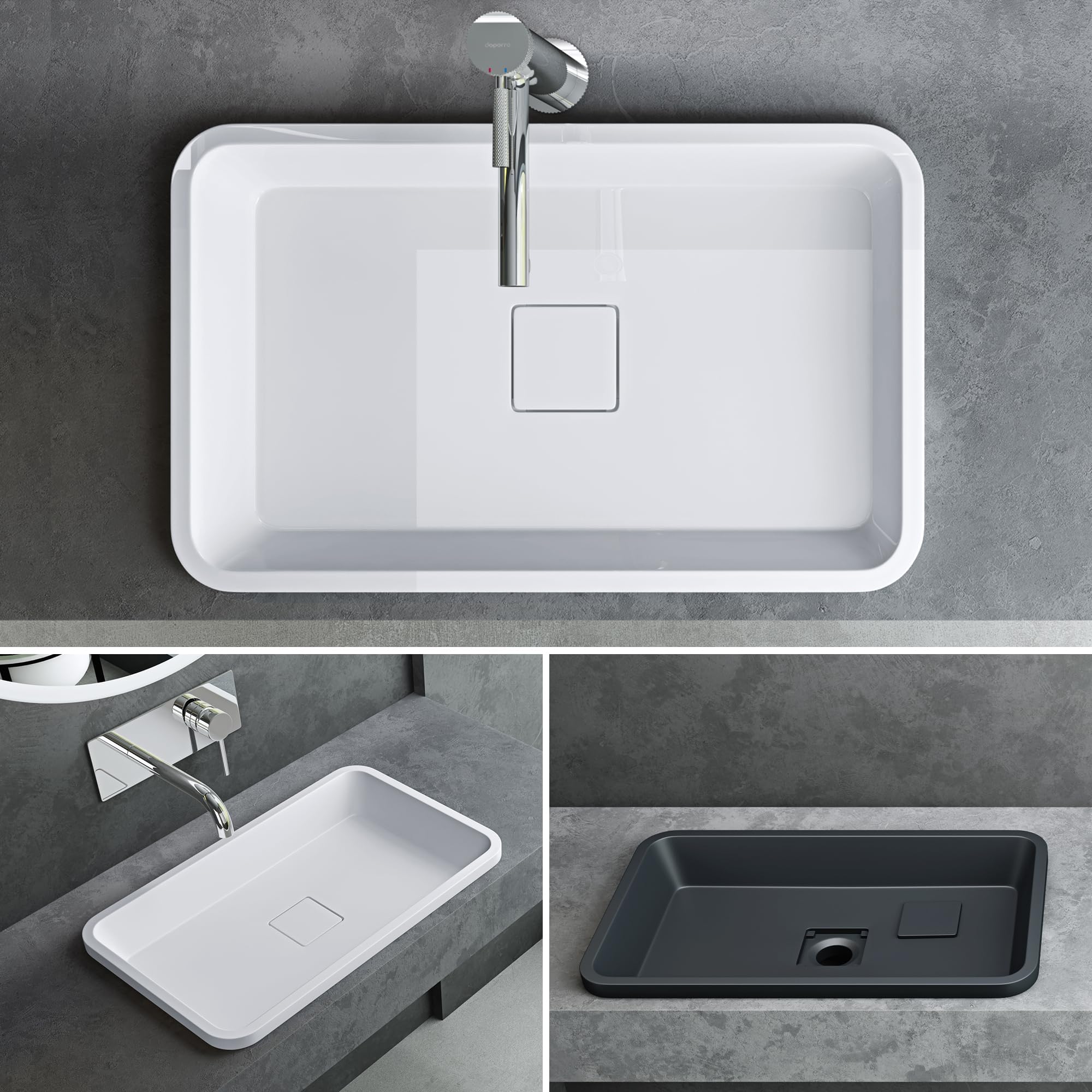 Mai & Mai Lavabo da Incasso 53x33x10.5cm, Lavandino Bagno da Appoggio Rettangolare da Minerale Fuso, Bianco Lucido, Colossum104