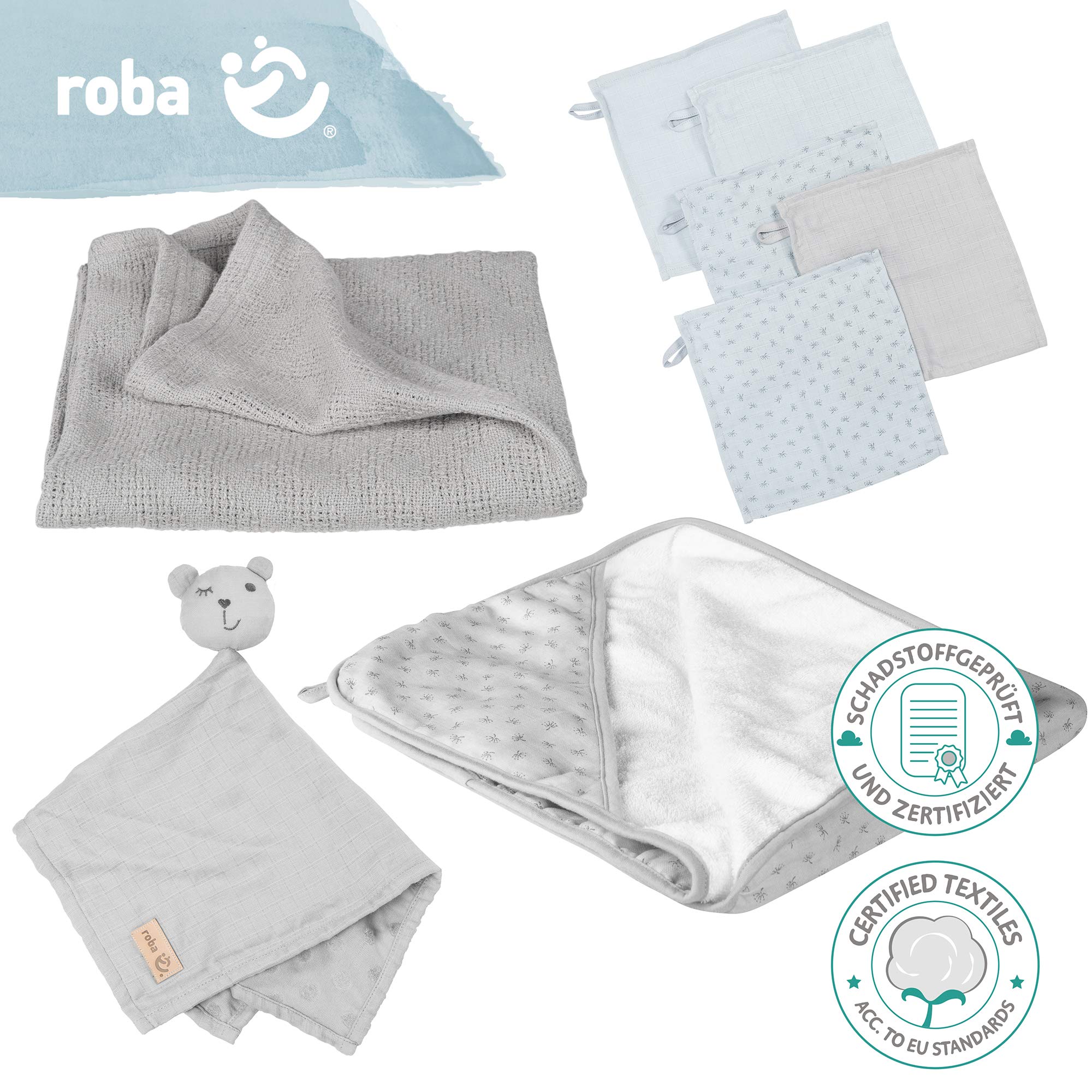 roba Coffret Sortie de Bain Bébé Lil Planet - 1 Cape de Bain + 5 Gants de Toilette + 1 Serviette Doudou + 1 Couverture - Certifié GOTS et OEKO-TEX - Gris Argenté