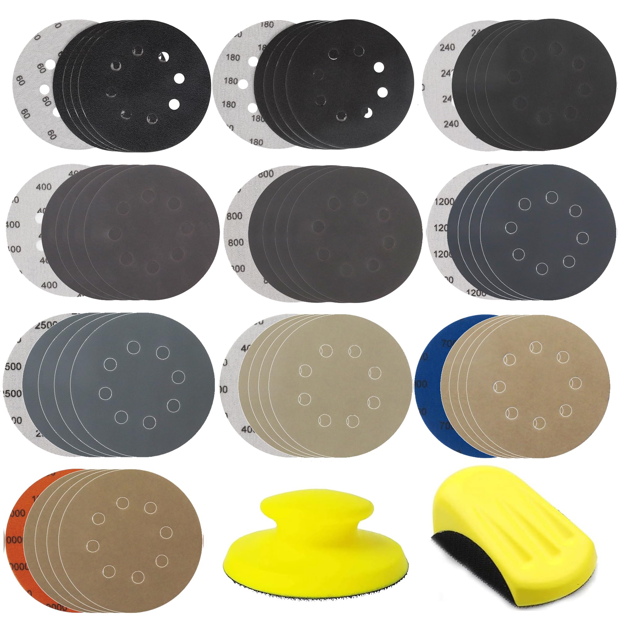 50pcs Sandpaper 8 Hole 5 inch Sanding Discs Hook and Loop 60/180/240/400/800/1200/2500/4000/7000/10000 Grits with Hand Sander for Automotive Metal