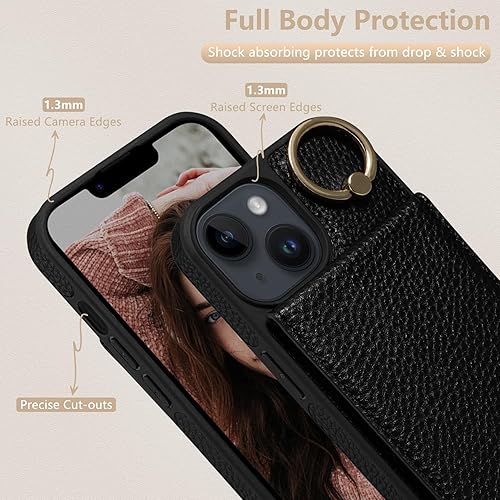 Miniatura 6 de Keallce Funda para iPhone 15 de 6.1 pulgadas, funda cruzada desmontable con soporte para tarjetas de bloqueo RFID, soporte de anillo de 360, funda