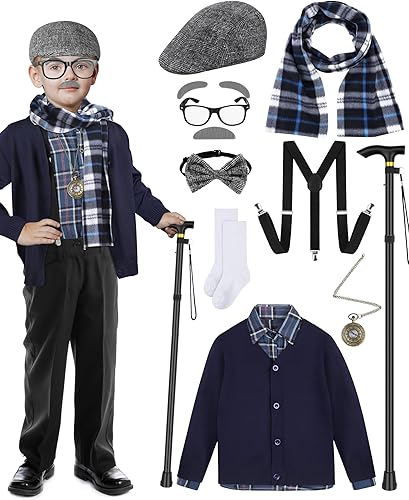 SOMSOC Disfraz de anciano de 13 piezas para niños de 100 días de escuela, disfraz de abuelo, para escuela, fiesta de cosplay
