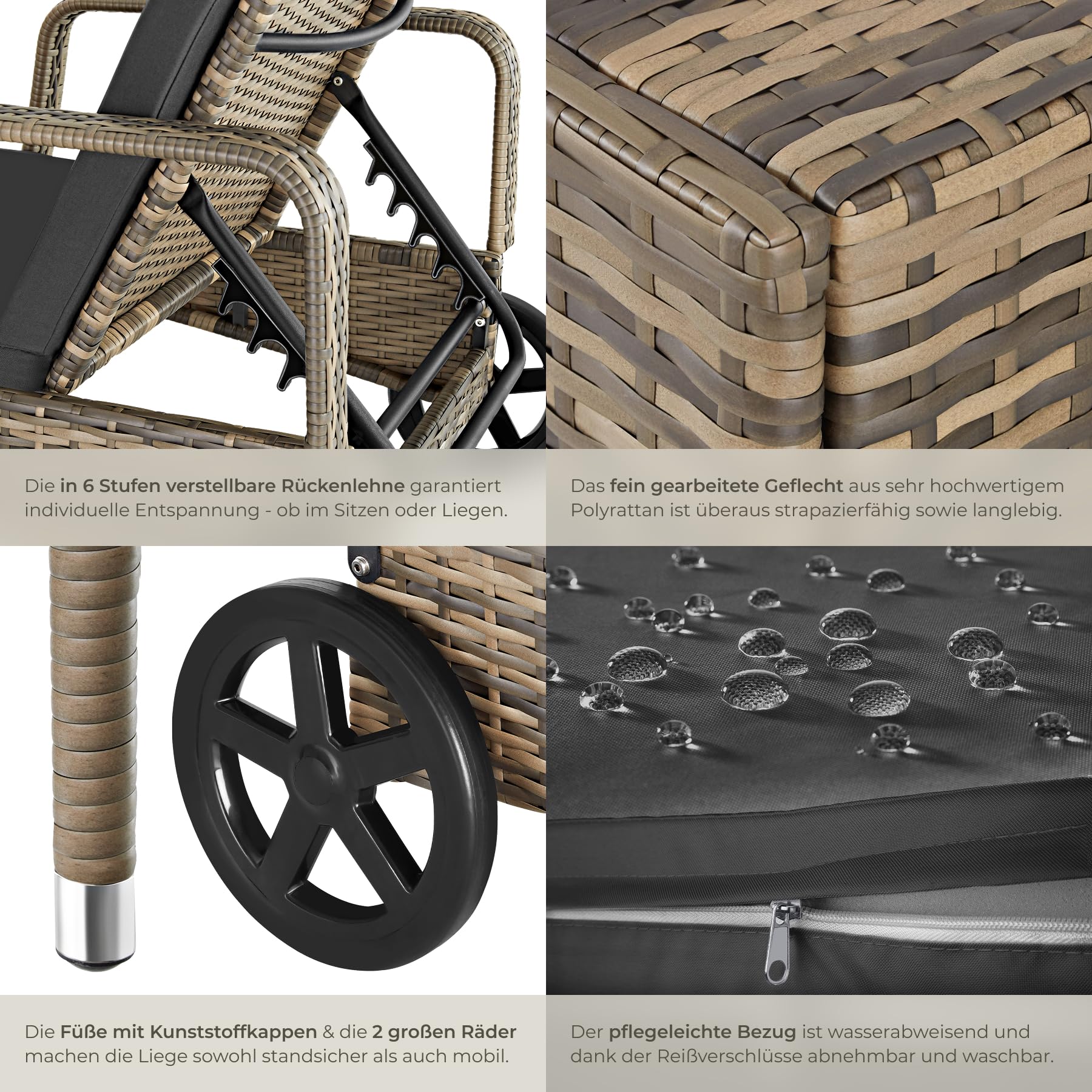 tectake Poly Rattan Gartenliege mit Rollen, 6-Fach höhenverstellbarer Liegestuhl, bis 120kg belastbar, Sonnenliege Rattan (wetterfest), Liege inkl. Polster und Kissen - Natur/dunkelgrau