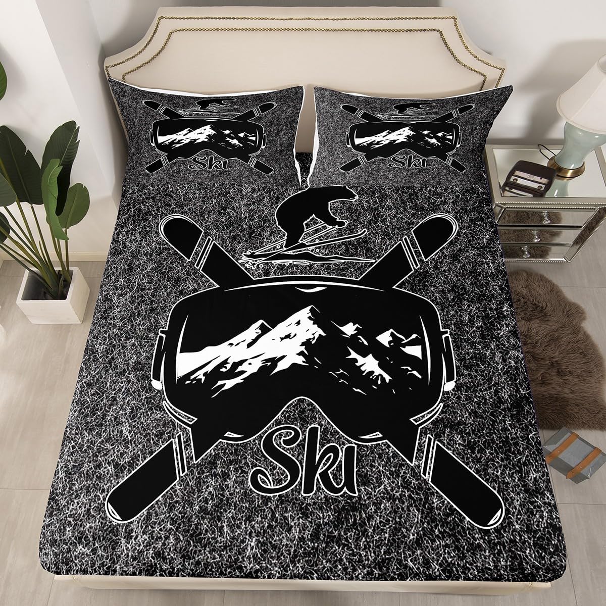 Erosebridal Winter Sports Sheet Set Skiing Goggles Outdoor Sports Sheets,Snow Mountain Sketch Snowboard Illustration Bed Sheets Set for Teens Youth Polar Bear Rustic Style Bed Set Twin,Retro Grey