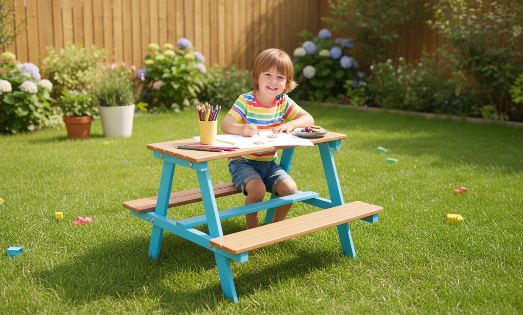 Teamson Kids Mesa de Picnic de Madera Dakota con Parasol a Rayas – Mesa y Bancos de Exterior para niños, Azul