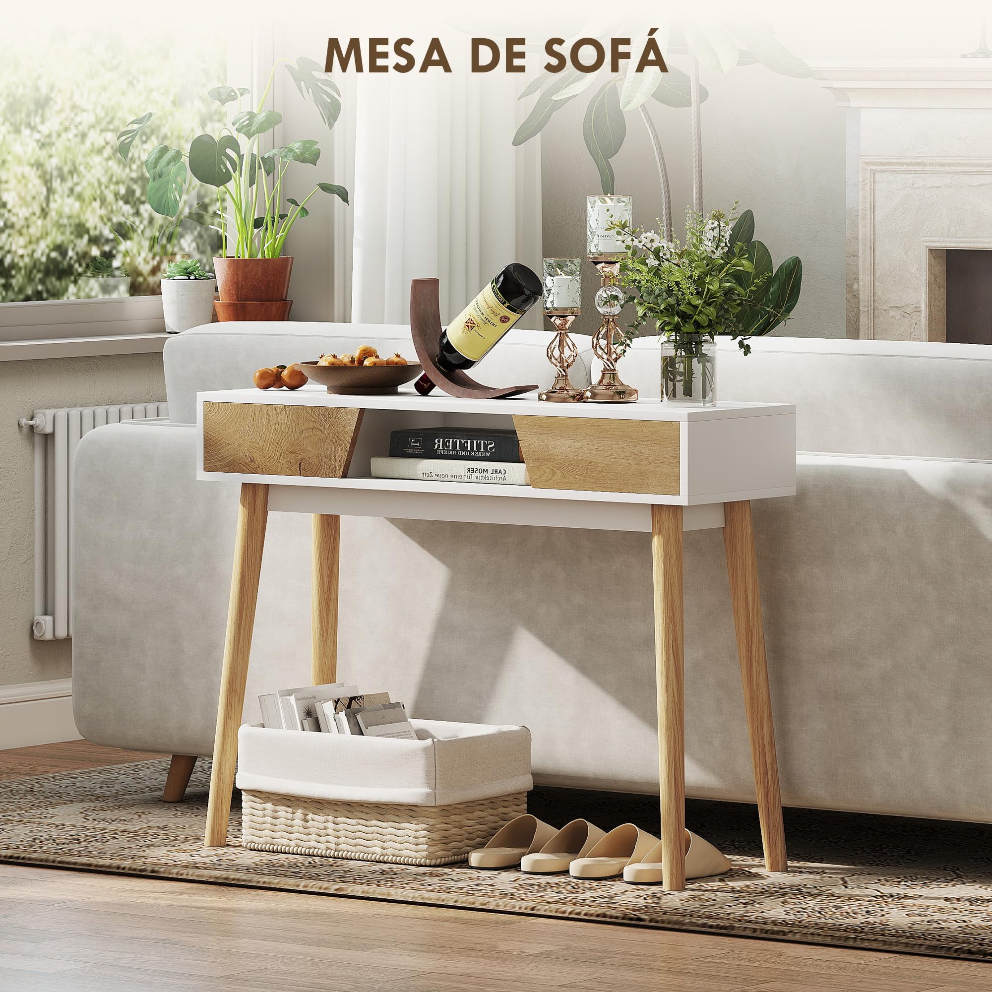 HOMCOM Table de console étroite console d'entrée Meuble de rangement Table de canapé moderne avec 2 tiroirs Compartiment et pieds en bois pour couloir, entrée, salon, chambre Blanc