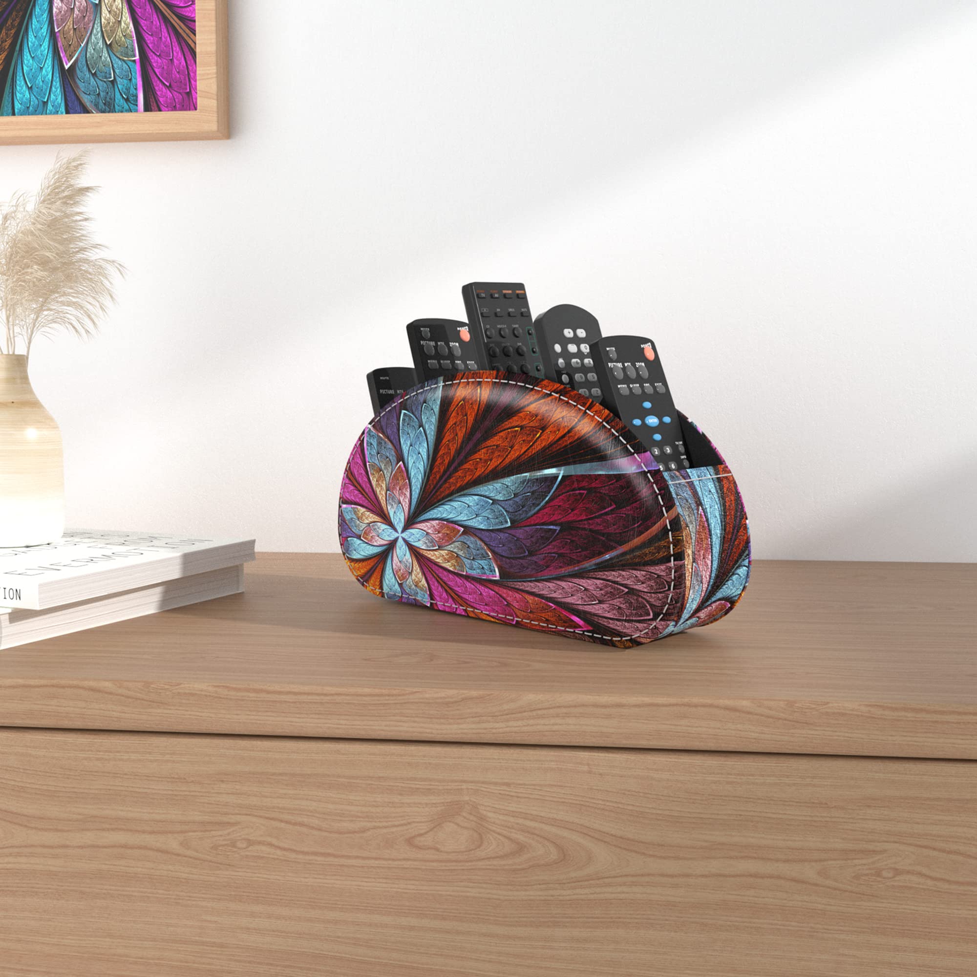 Support de télécommande en cuir PU avec 5 compartimentsen cuir PU,multifonction boîte de rangement pour télécommandes TV,crayons,fournitures de bureau,pinceaux de maquillage(1-Fleurs fractales)