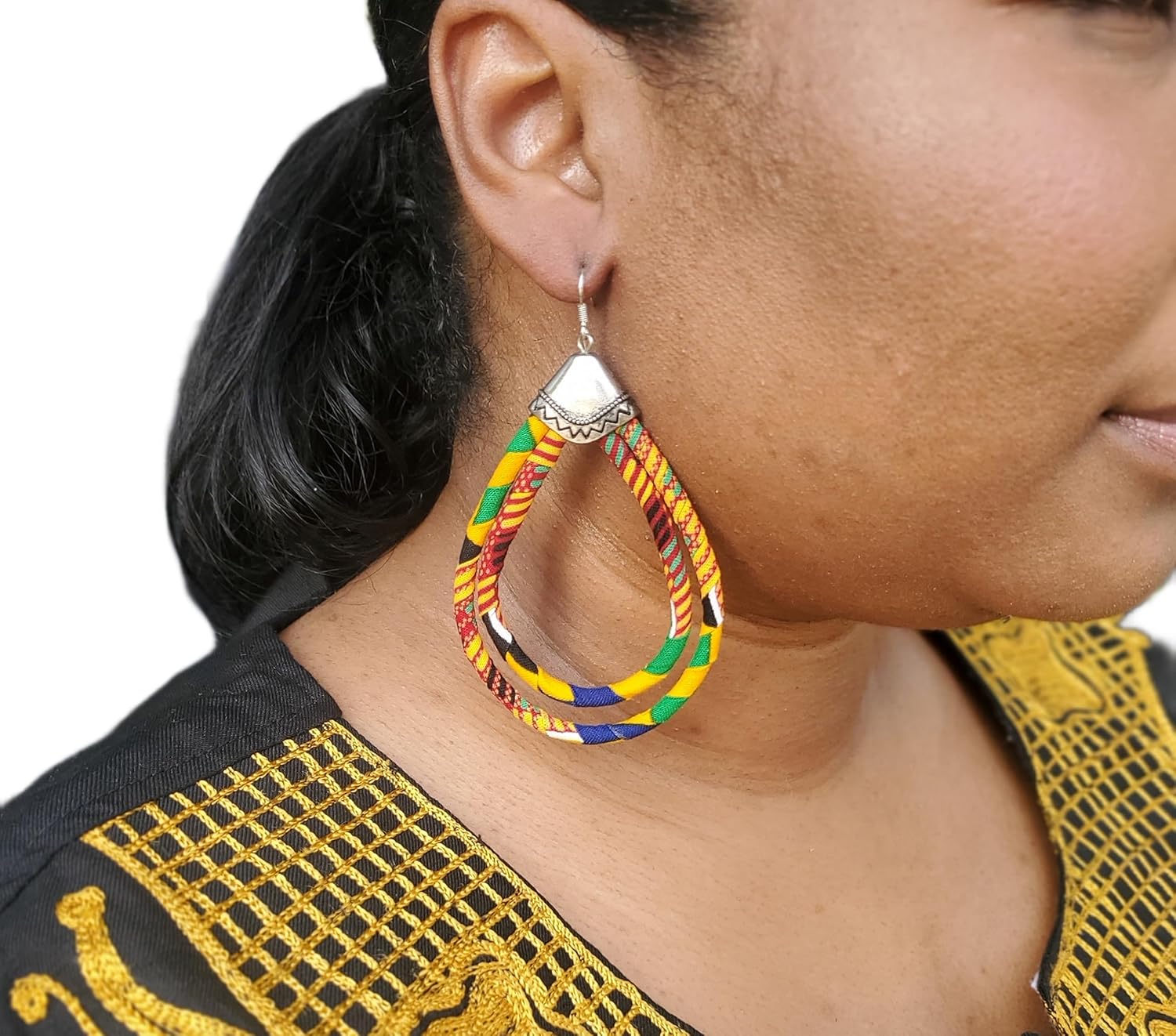 African Cloth Double Loop Earrings - Women's Ankara & Kente Afrocentric Hoop Earrings. - Image 4