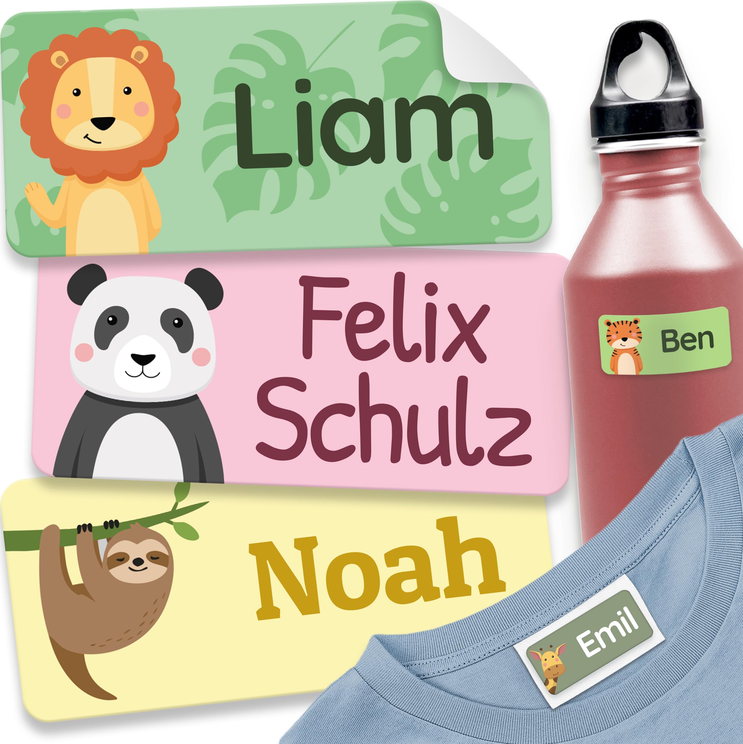 melu kids® Namensaufkleber für Kinder - Kleidung & Gegenstände (180 Stück) Kita/Schule - Namensschilder für Kleidung waschmaschinenfest und personalisiert (Dschungeltiere)