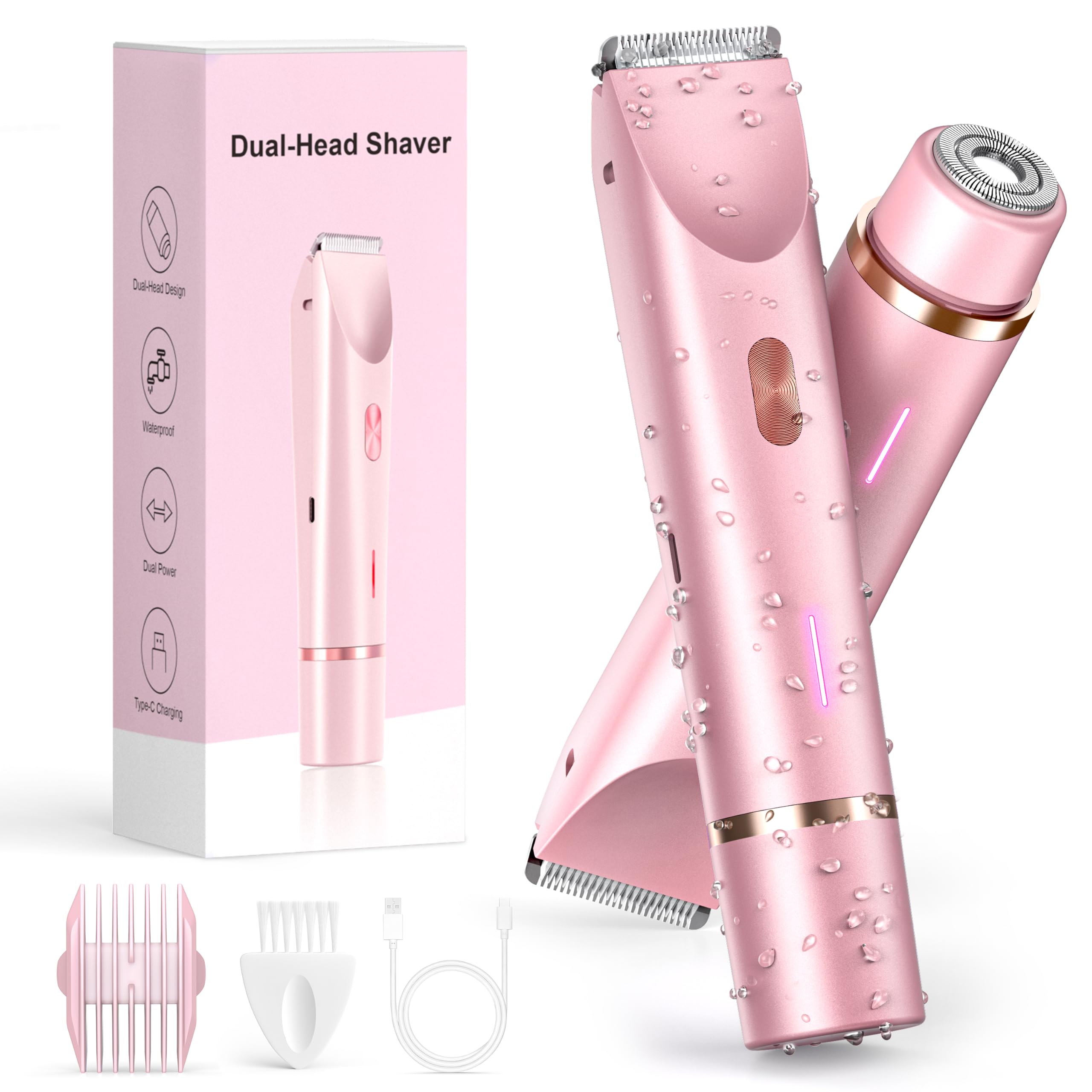 Bikini Trimmer for Women, 2-in-1 Electric Razor & Bikini Shaver with Dual Ceramic Blades, Electric Shaver for Facial Hair Removal, IPX7 Waterproof Rechargeable Body Hair Razor for Sensitive Skin