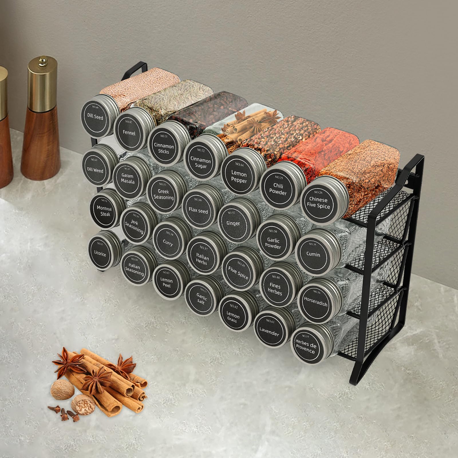 Portaspezie a 4 ripiani con 28 barattoli vuoti in vetro e 180 etichette per spezie, per cucina, armadio, dispensa, armadio, 34,5 x 10 x 23,5 cm, nero