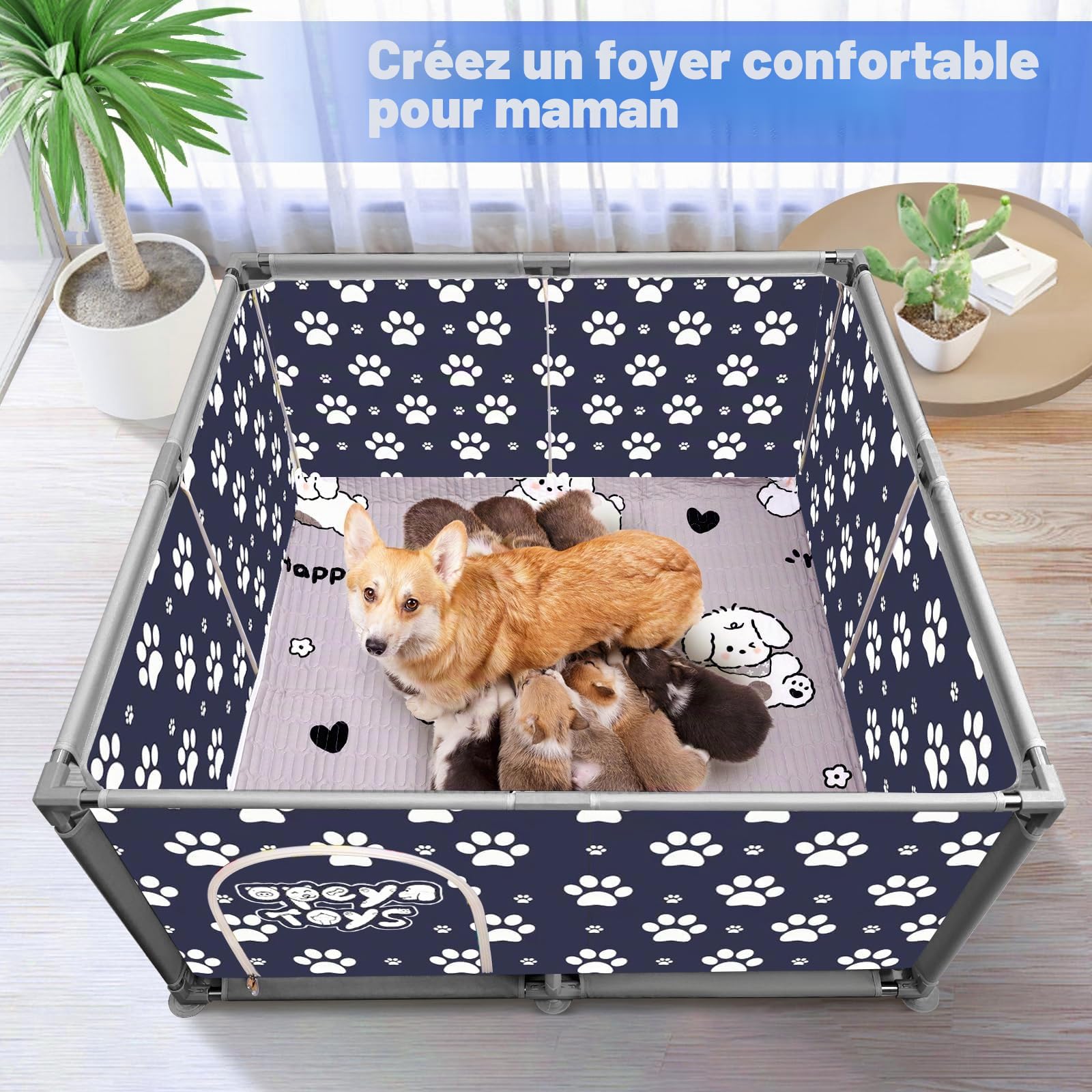Parc Carré pour Animaux en Acier Inoxydable et Toile Oxford avec Tapis Imperméable Enclos pour Grand Chien Chats Petits Animaux Bleu Sombre