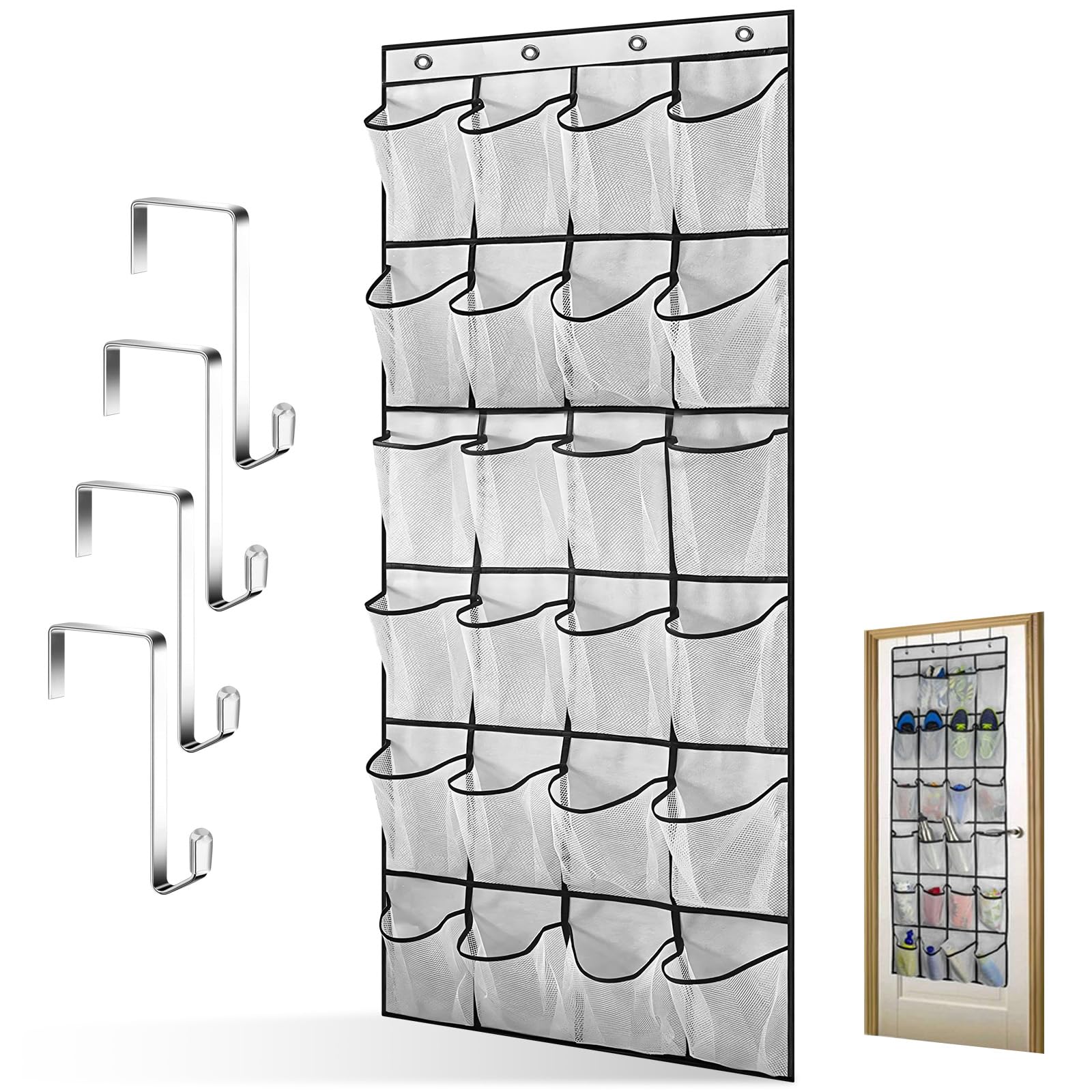Hanging Shoe Rack with 24 Large Mesh Pockets & 4 Hooks, Over the Door Storage Organiser, Multi-Purpose Organizer Hanger, Breathable Storage Bag for Shoes, Accessories, Wardrobe,Bedroom,Small Item Tidy