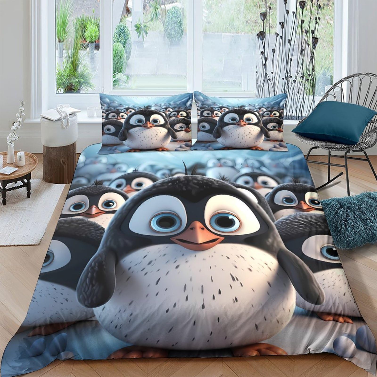 Ctjqhvkz Style-2 3D Printed Cute Penguin Fitted Sheet Microfiber Soft Blue Cartoon Animal Bed Cover For Bedroom Dorm Mattress Decor Single（135X200cm）