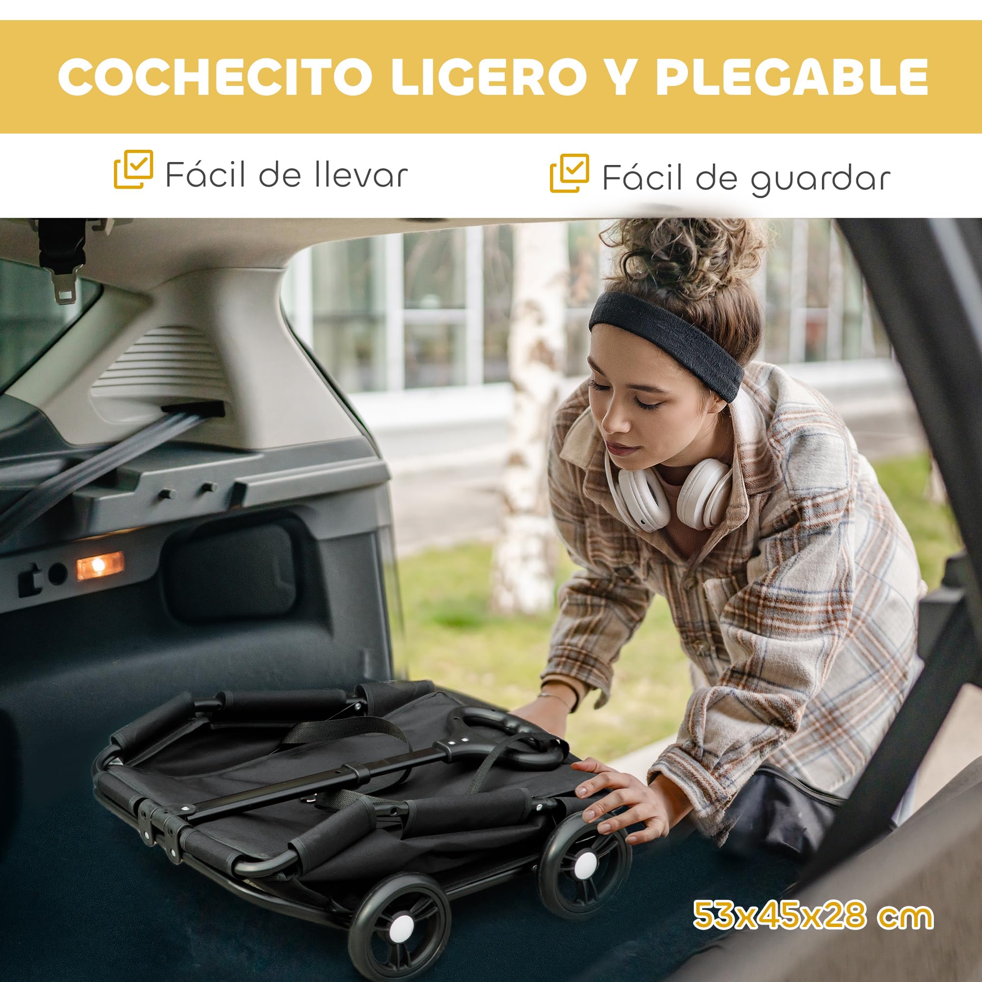 PawHut Carrito para Perros Plegable Cochecito para Mascotas Carrito para Perros Miniatura con Barra de Empuje Ajustable Diseño Abierto Cojín Bolsa de Almacenamiento y Ruedas 53x45x28 cm Negro