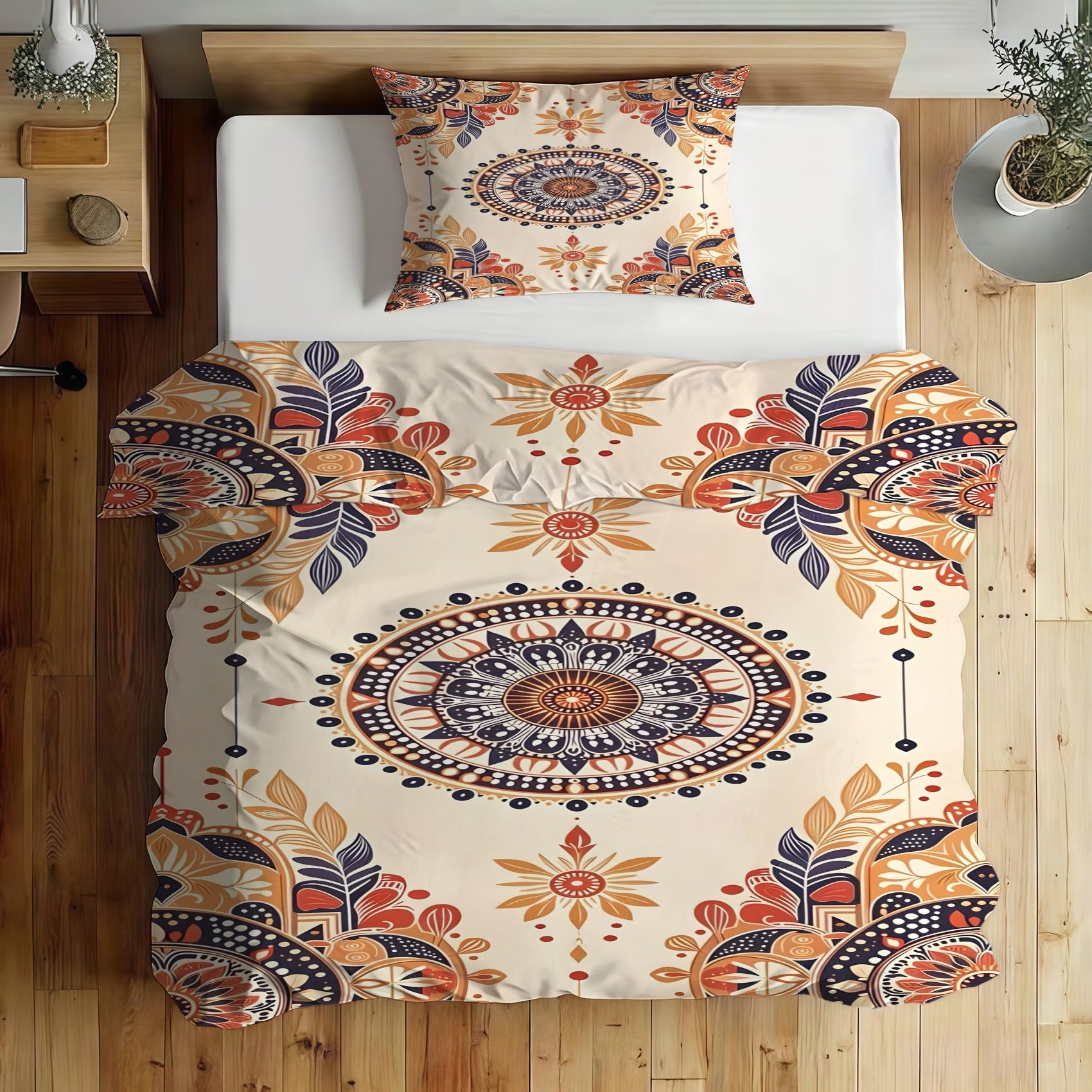 Copripiumino Matrimoniale 240x220 Piante geometriche Mandala etnico Biancheria da Letto Morbido Microfibra Copri Piumone e 2 Federe Abbinate, con Zip PA2975