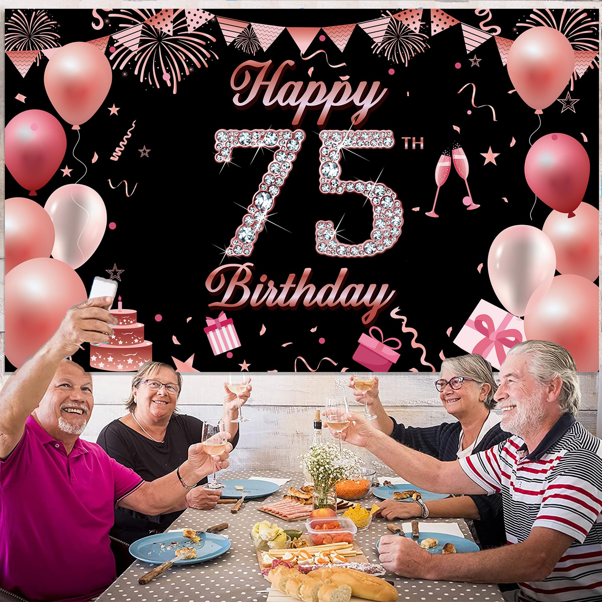 Wiipenex Banner Zum 75. Geburtstag – 180x110 Cm, Polyester, Mit Schwarzen Rosen-Design, Inkl. Aufhängebändchen