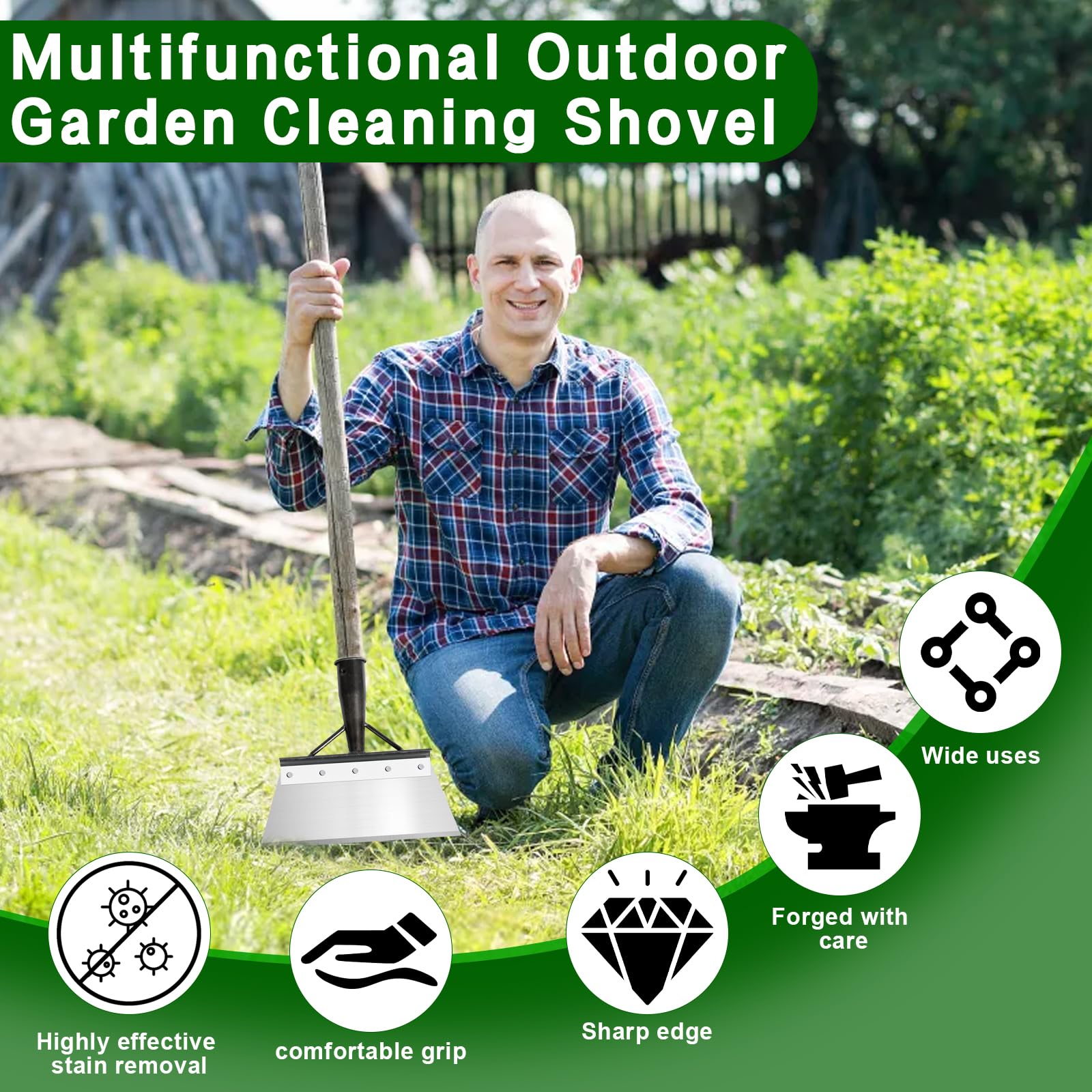 HOSSOM Pala di Pulizia Multifunzionale, Pala da Giardino, Pala per la Pulizia Del Giardino, Pala Piatta in Acciaio, per Rimuovere le Erbacce, Spalare la Neve (manico in legno non incluso)25cm