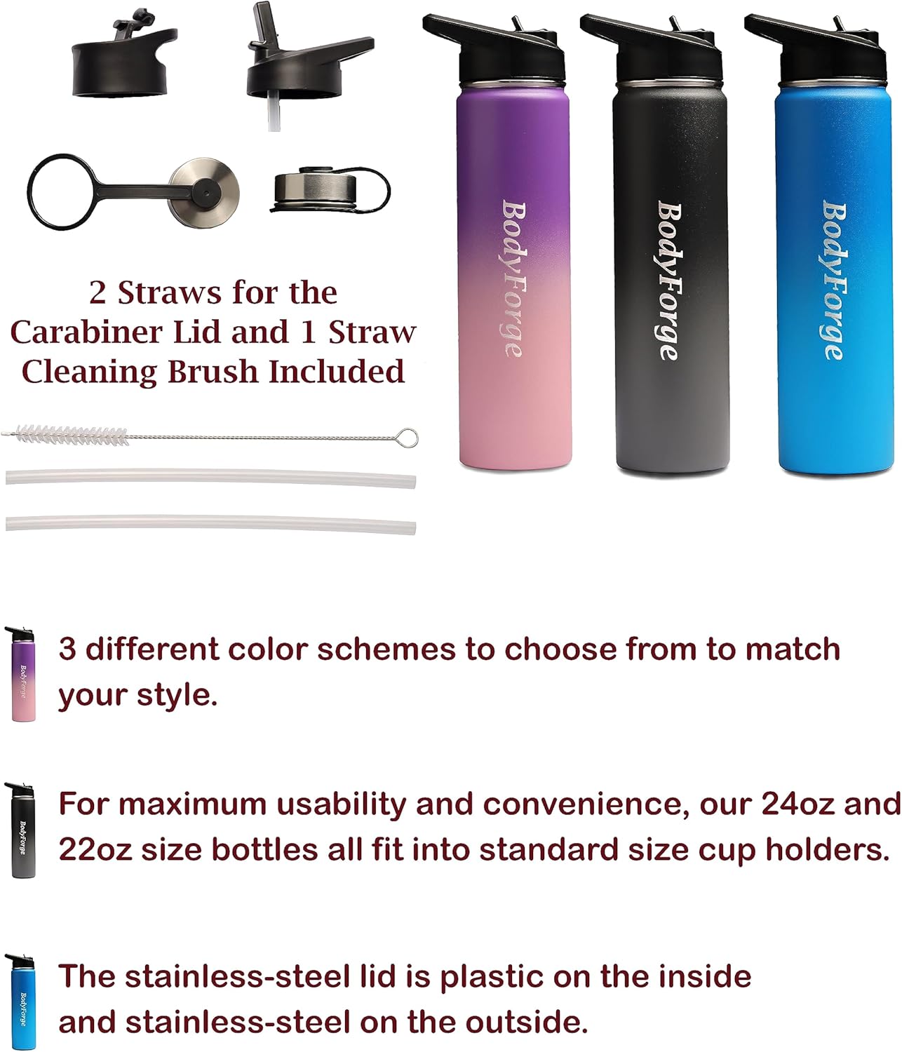 BodyForge Sports Water Bottle - 24oz, 3 Lids & Straw Lid, Leak Proof Stainless Steel Gym & Sport Bottles for Men, Women & Kids - Double Walled, Insulated Thermos, Metal Canteen - Image 7