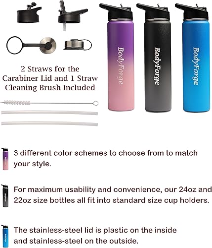Miniatura 7 de BodyForge - Botella de agua deportiva de 24 onzas, 3 tapas y tapa con popote, botellas de acero inoxidable para gimnasio y deportes a prueba de