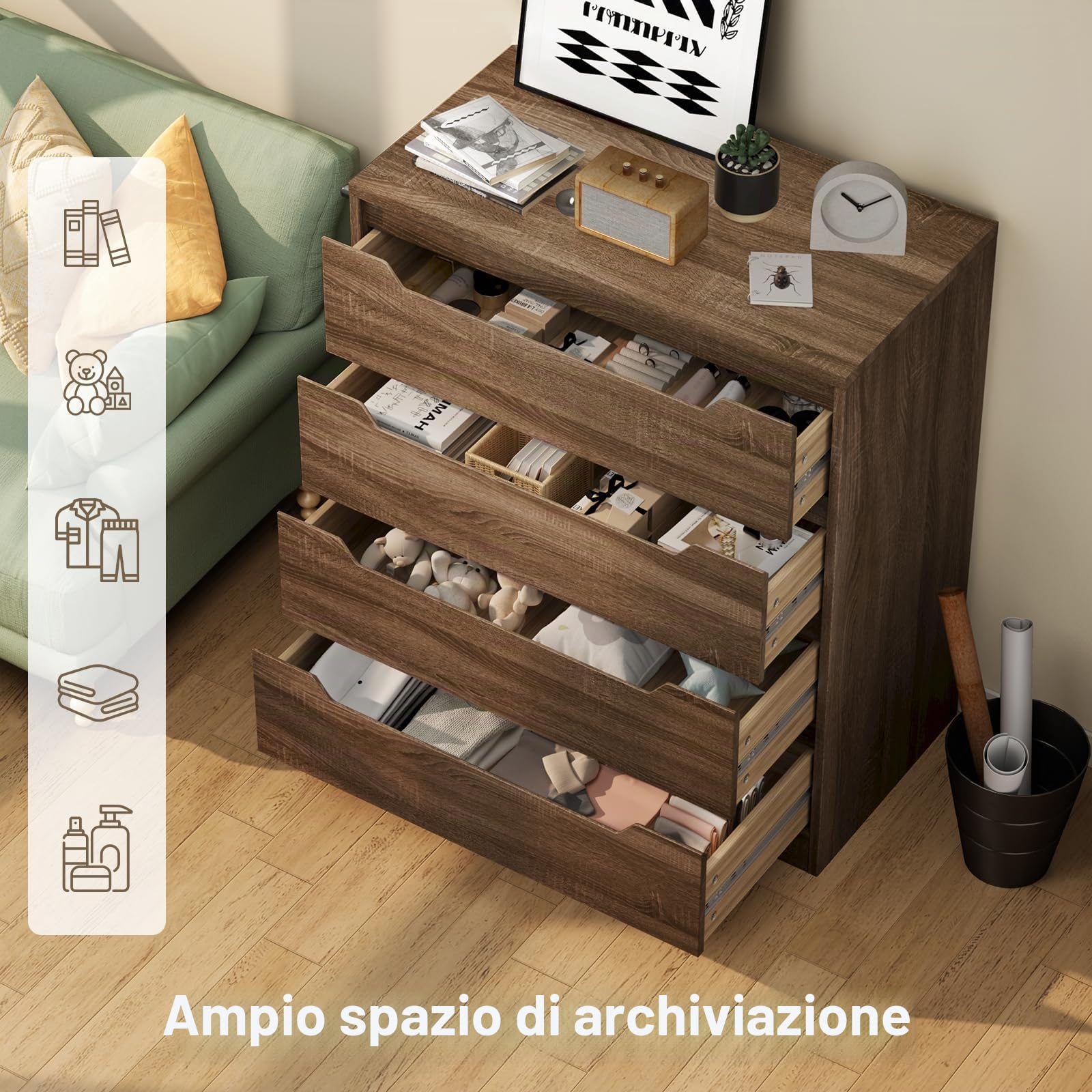 Bealife Cassettiera 4 Cassetti, Comò Camera da Letto, Mobile Contenitore per Soggiorno, 82x41x71 cm, per Camera da Letto，Soggiorno, Cucina, Marrone chiaro