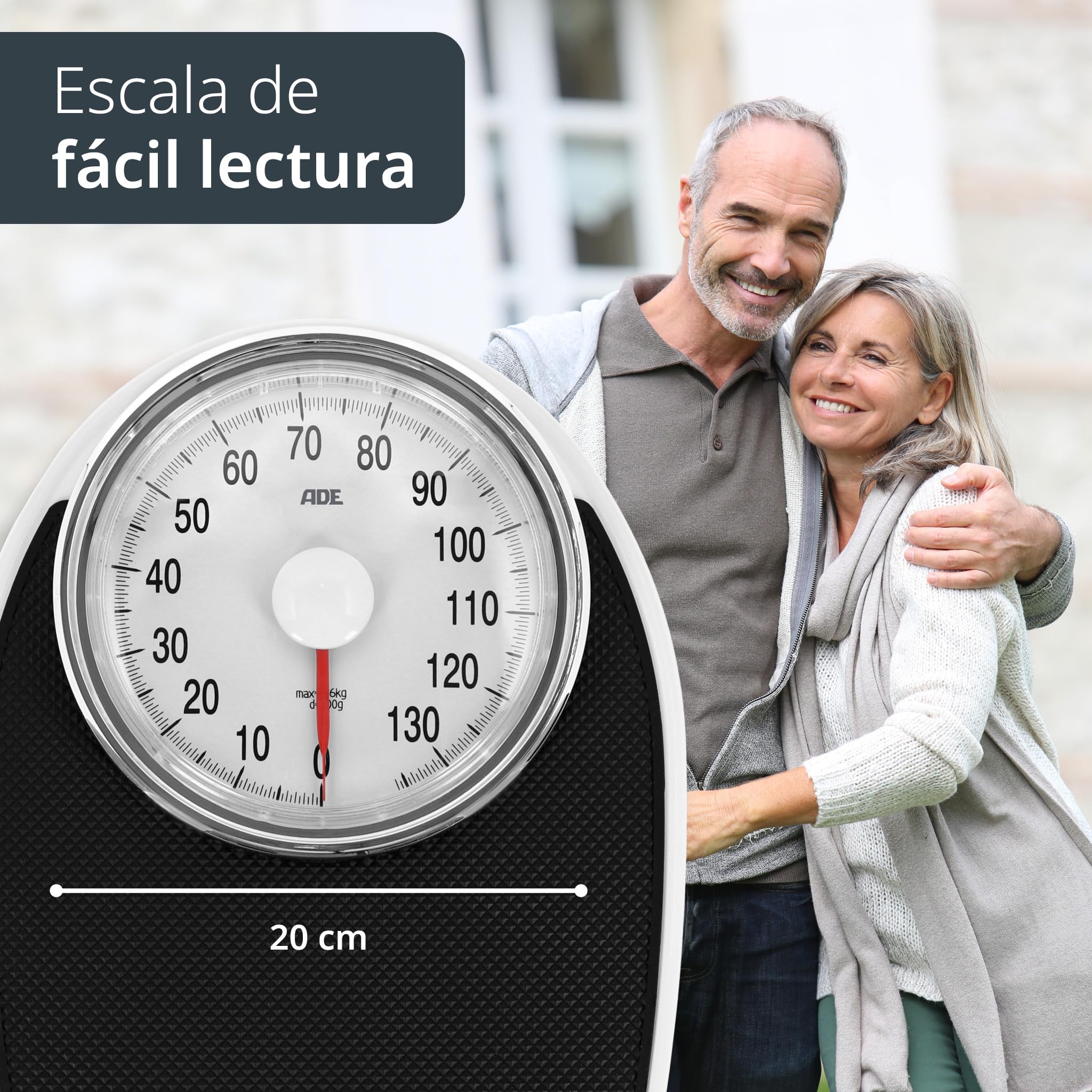 ADE Báscula mecánica de baño | aspecto retro | superficie de pesaje antideslizante | báscula personal analógica | dial grande y fácil de leer | sin pilas | hasta 136 kg | negra