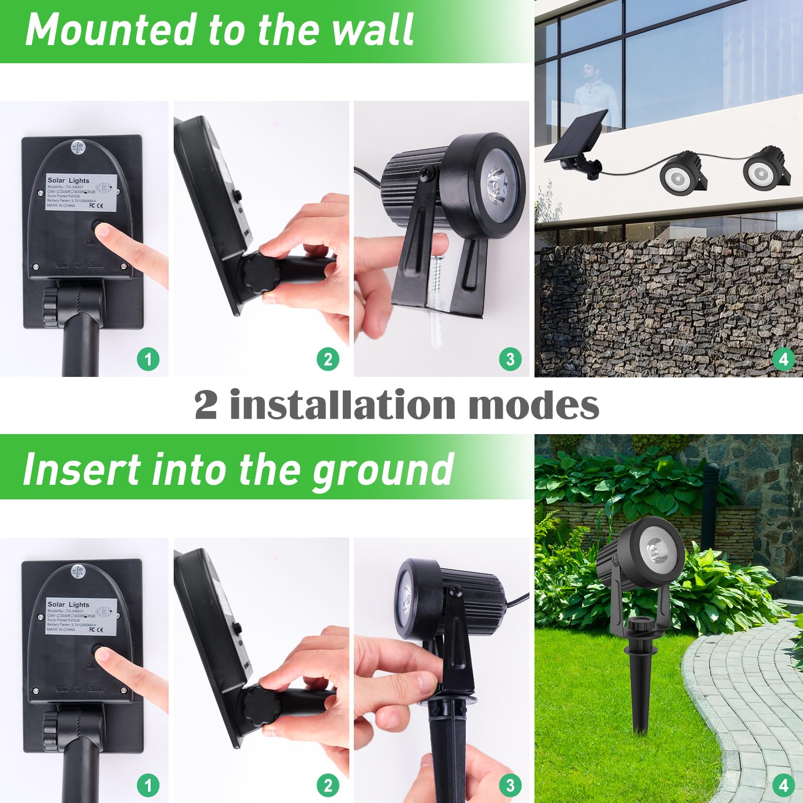 T-SUNUS Focos Solares LED Jardin, Luces LED Exterior Solares Luz Blanca Fría, con Encendido/Apagado Automático, Impermeable IP65, Luz Solar para Camino Césped Patio y Acera, 2 IN 1 6000 K