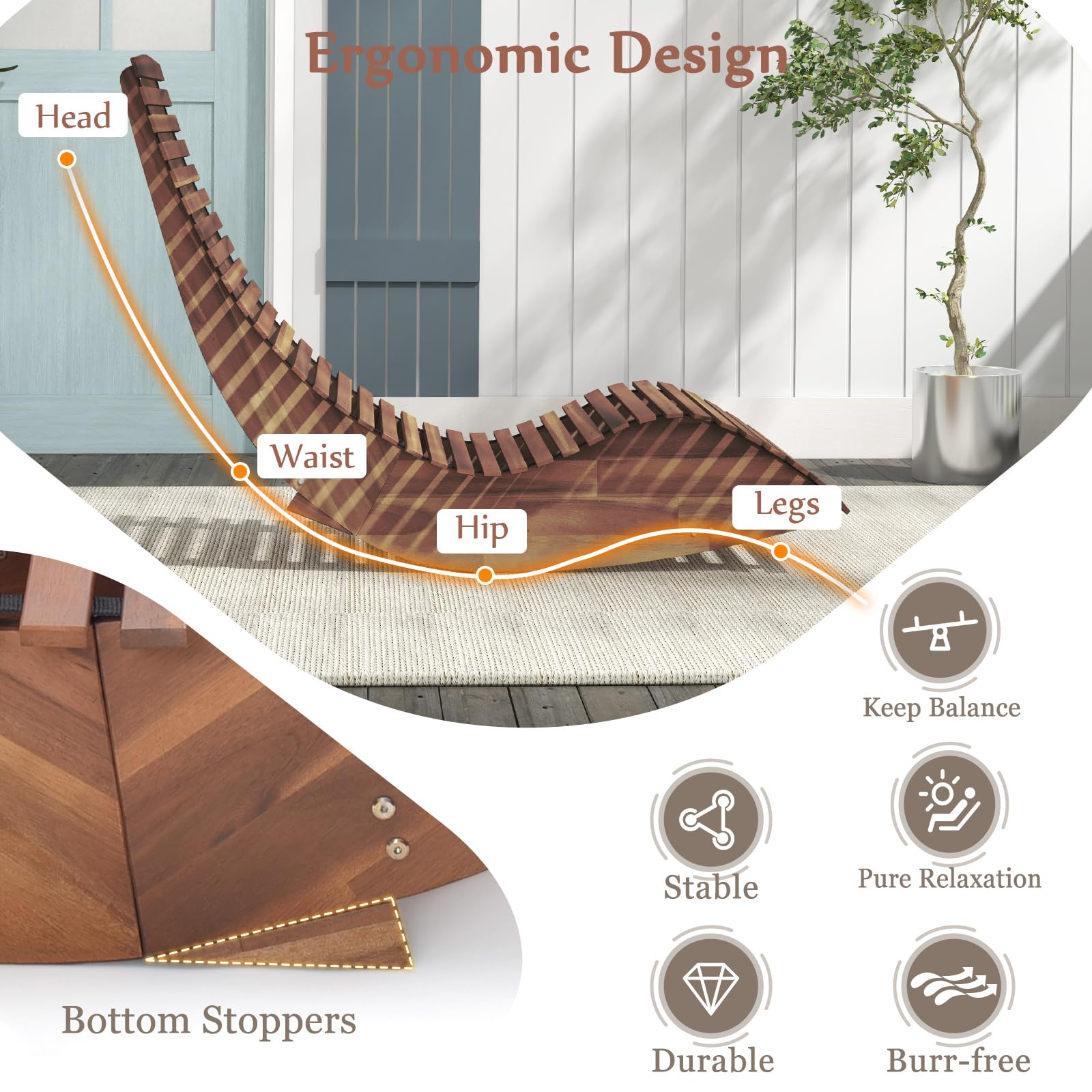 KOMFOTTEU Juego de Tumbona Mecedora de Madera de Acacia, Tumbona de Jardín de Listones con Carga 160 kg, Silla Mecedora Baño de Sol, para Patio, Terraza, Piscina, 157 x 60 x 76 cm (1)