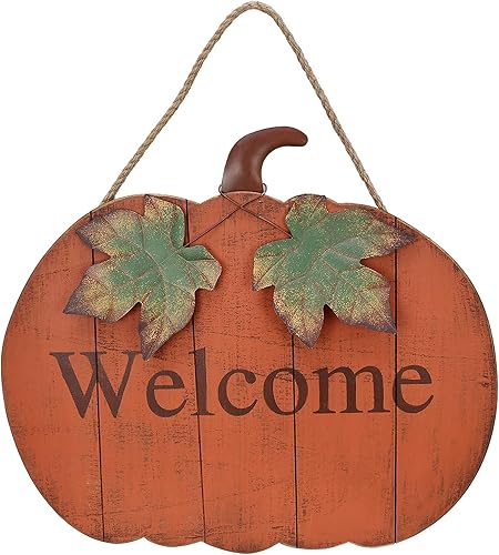 Letrero de bienvenida de calabaza de madera, letrero de puerta colgante de otoño, decoración de pared de calabaza plana, decoración de puerta
