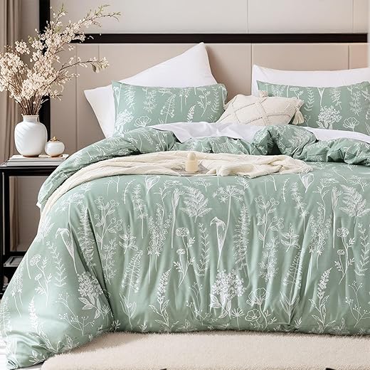 Janzaa Queen Comforter Set Sage Green Comforter,3 PCS Bedding Sets Floral Comforter Set Plant Flowers Printed on Fluffy Comforter Set for All Season