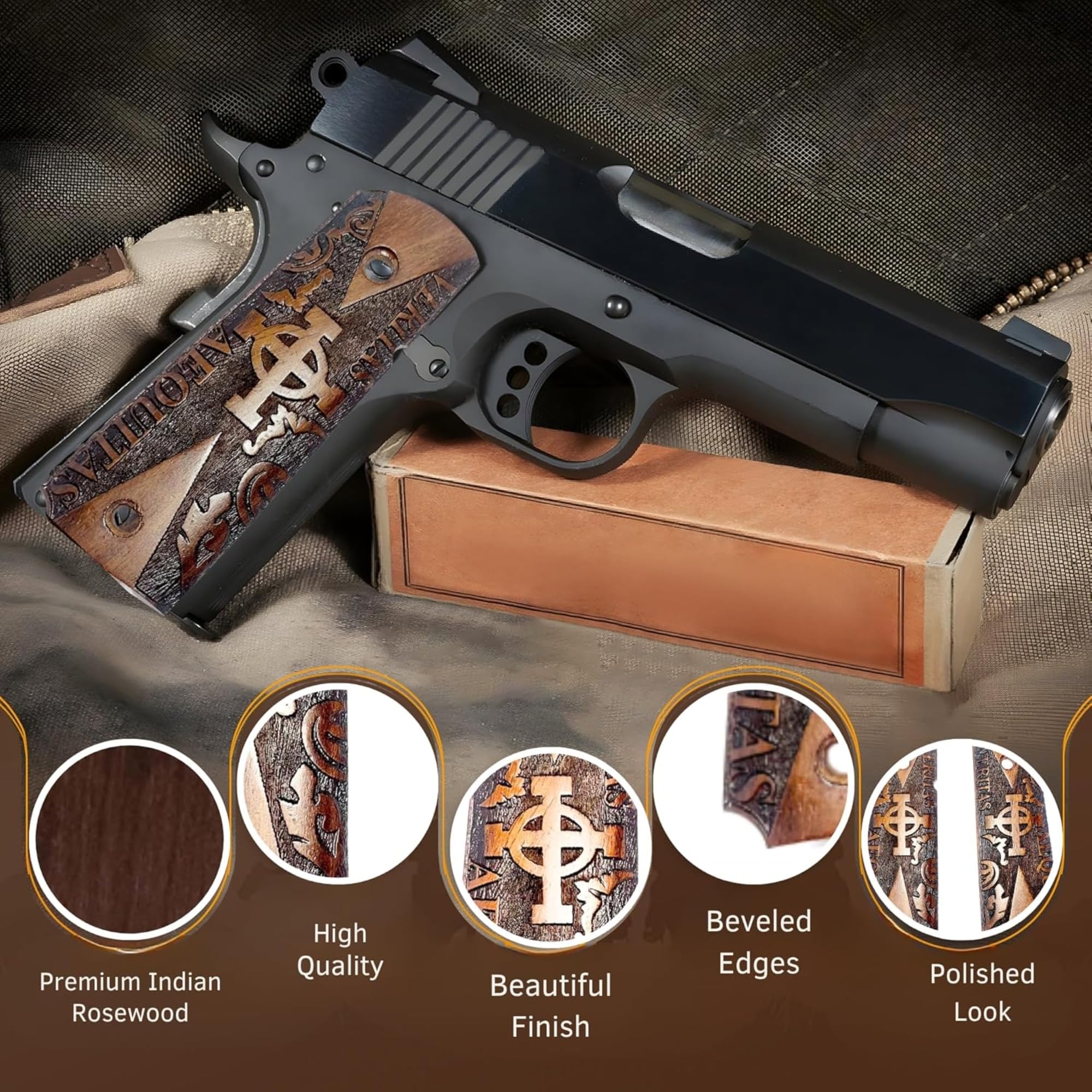 WWII US M1911/1911 .45 Holzgriffe – Reproduktion (Veritas Aequitas Kreiskreuz)