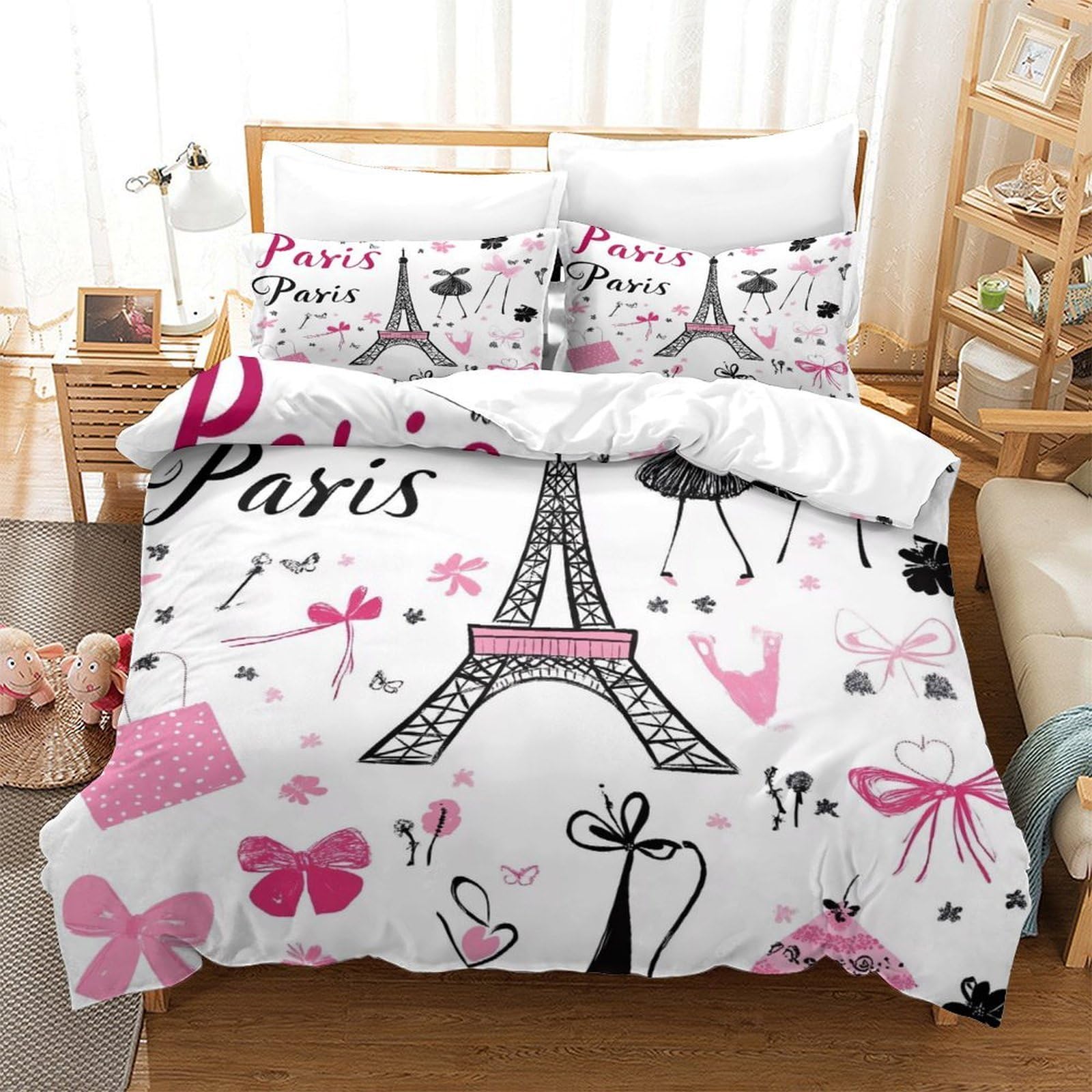 Stampa 3D Paris Eiffel Tower Copertura per letto Biancheria per letto Con federa Confortevole Cartoon Paris Decor Fodera copriletto Antiacaro per giovani single coppie Super king（260x220cm）