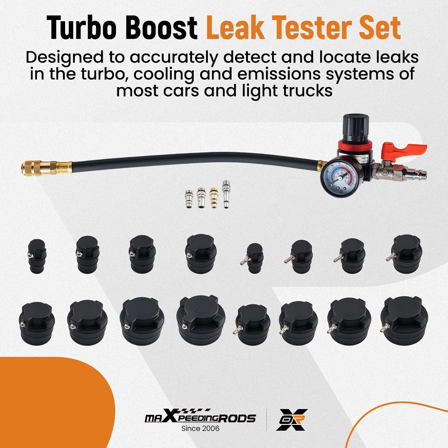 maXpeedingrods Turbo System Leakage Tester Kit with 8 Pairs Stepped Adapters(1-1/4'' to 4-1/4''), Turbo Pressure Leakage Tester, Turbo Boost Leak Tester for Cooling System Radiators Intercoolers Hose