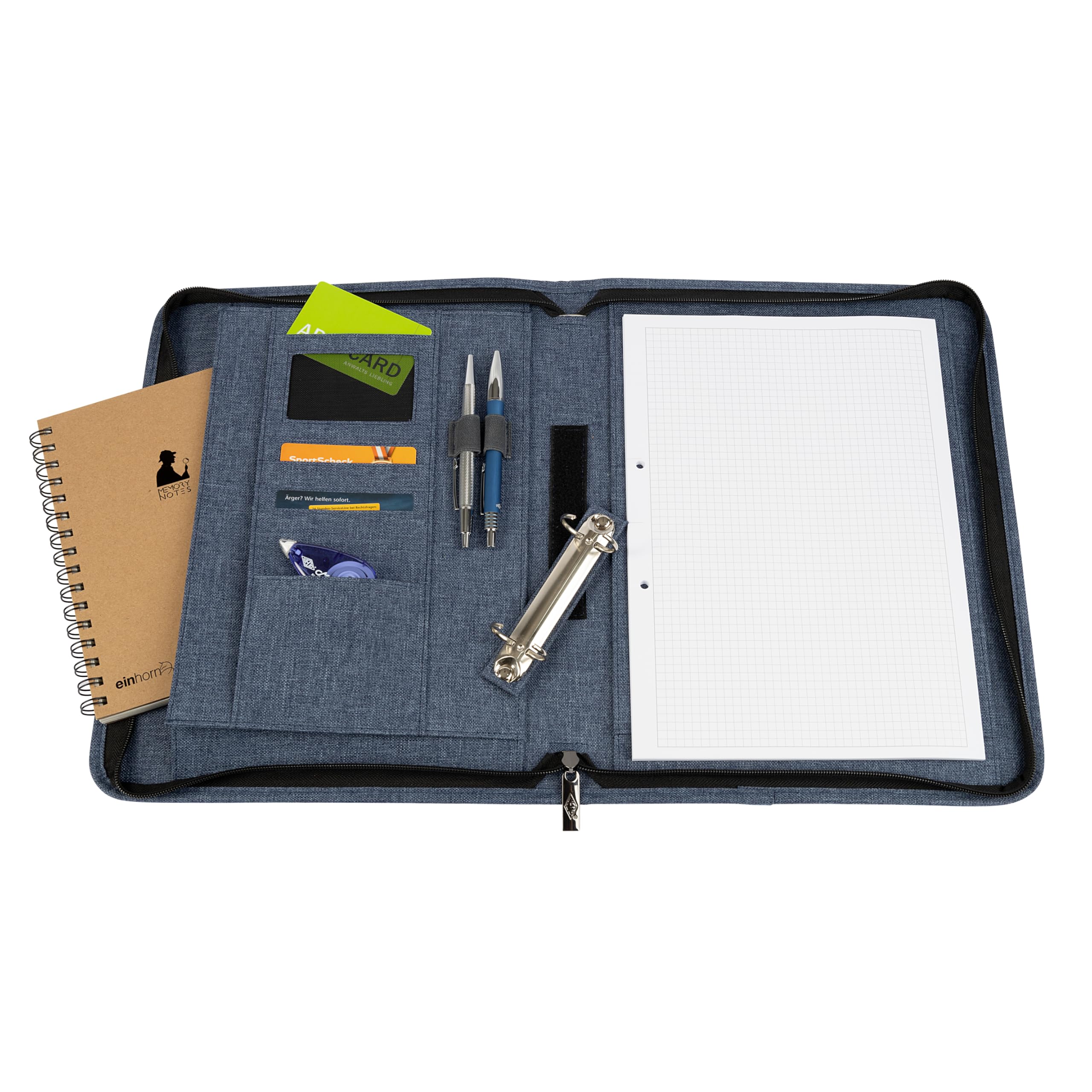 WEDO® Carpeta de anillas A4 denim de 2 anillas, con cremallera, color azul, 3 ranuras para tarjetas, 2 ranuras para bolígrafos con banda elástica, encuadernación de anillas extraíble, gran