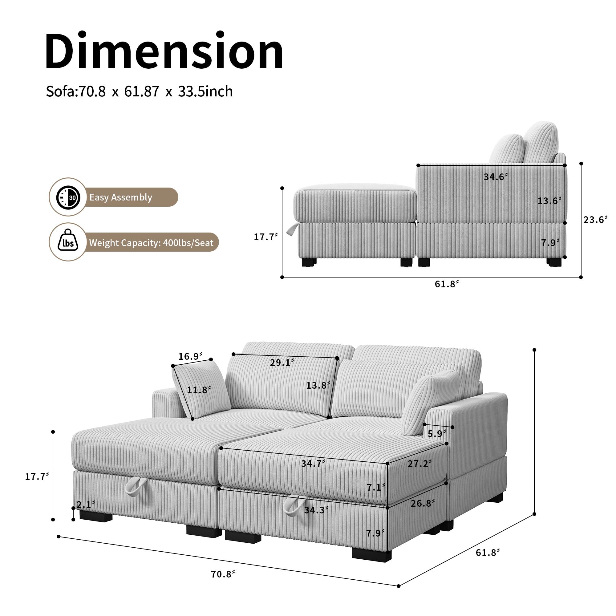 Modułowa 2-osobowa aksamitna sofa z szerokimi podłokietnikami, regulowane poduszki do siedzenia i otomana w zestawie stylowa szara kanapa do salonu dla 2 osób