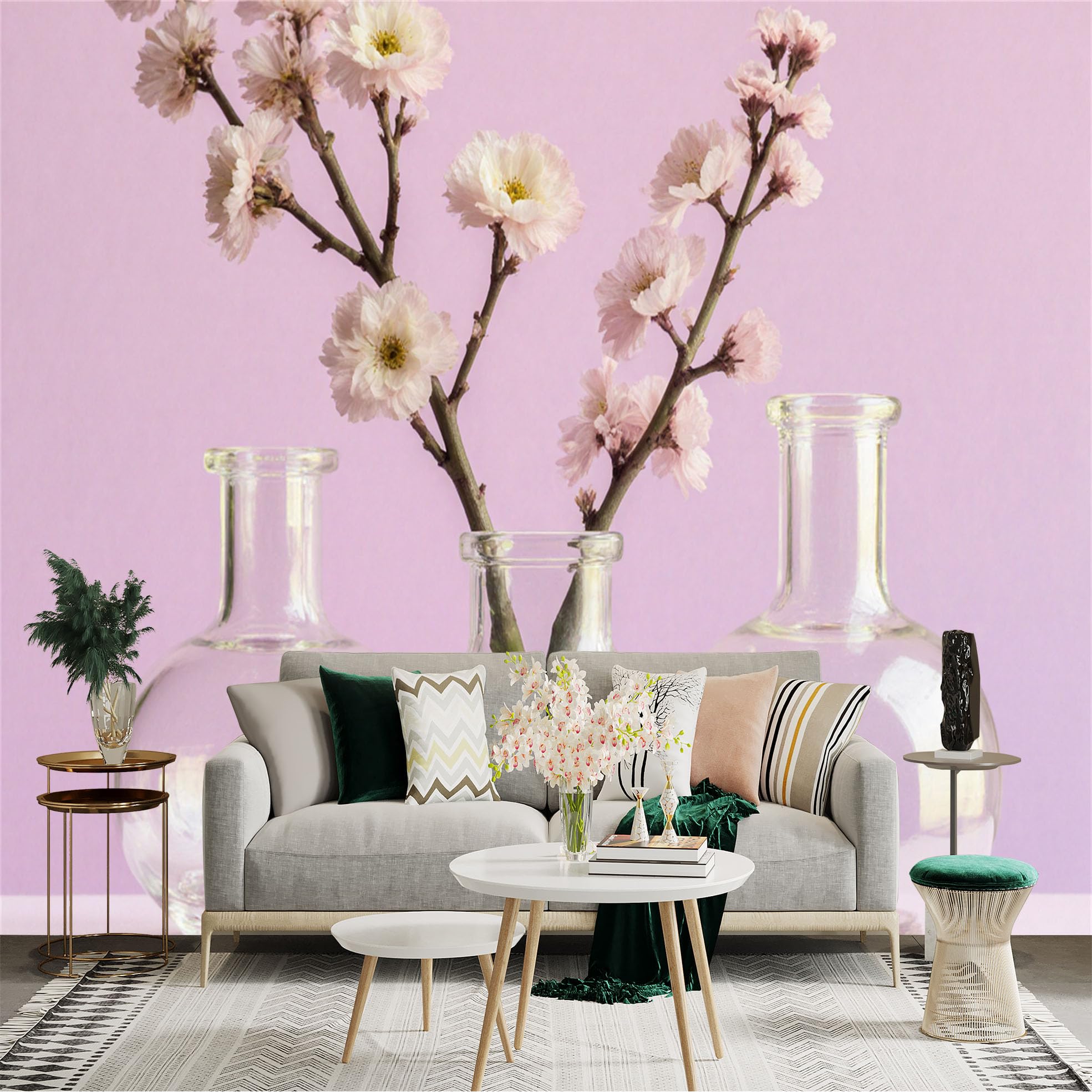 Custom Size Wall Sticker Mural， Pink Spring Flowers in Glass Vases， Delicate Floral Decor， Minimalist Soft Pastel Background， for wall Decoration， peelandstick wall Decals.