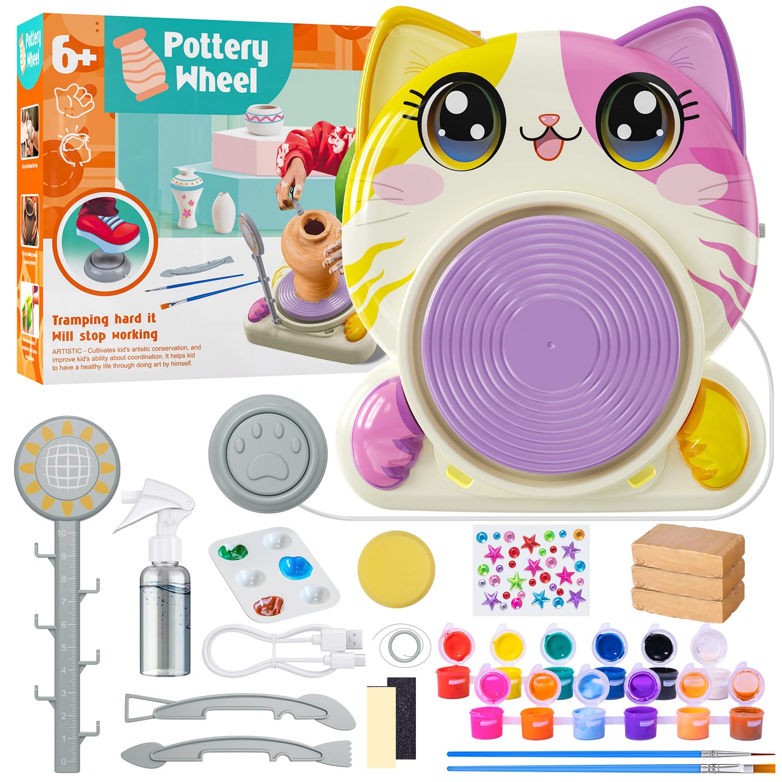 Roaxkoi Il tornio elettrico per bambini di- set per ceramica fai da te con argilla, colori, strumenti e adesivi - mini tornio da 6 anni, 2 livelli, design a gatto - regalo per bambine e bambini